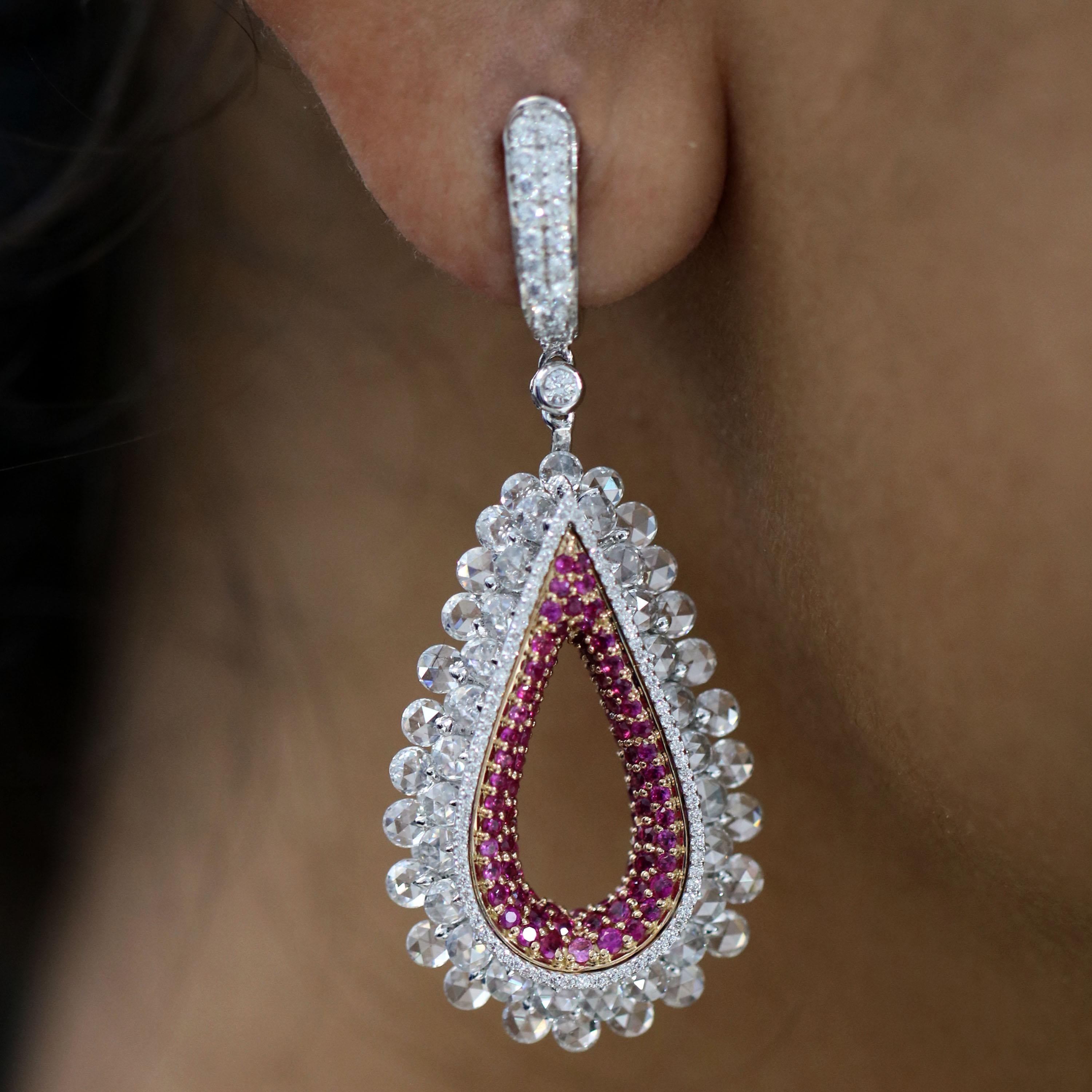 Studio Rêves Diamond and Pink Sapphire Tear Drop Reversible Earrings in 18K Gold 1