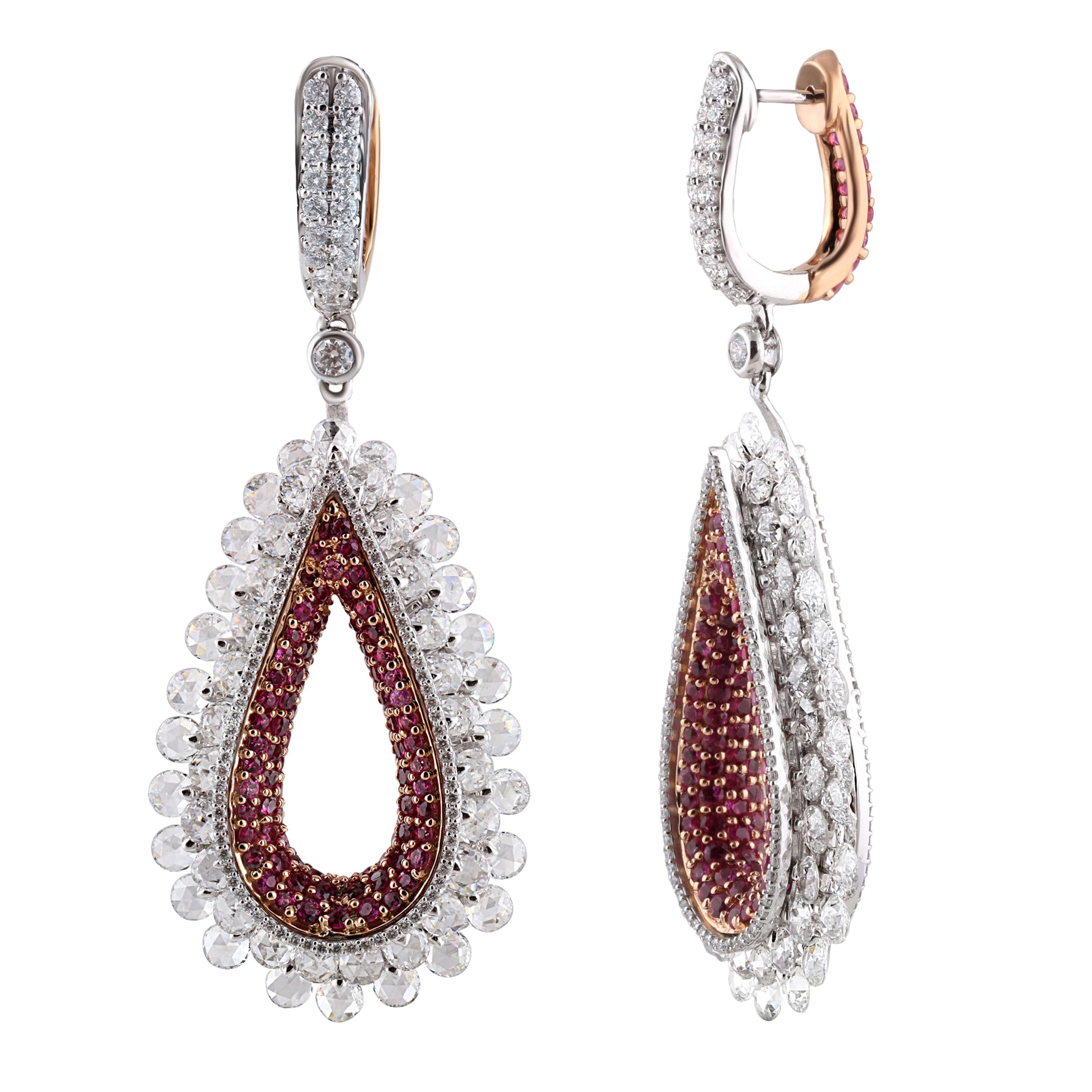 Studio Rêves Diamond and Pink Sapphire Tear Drop Reversible Earrings in 18K Gold