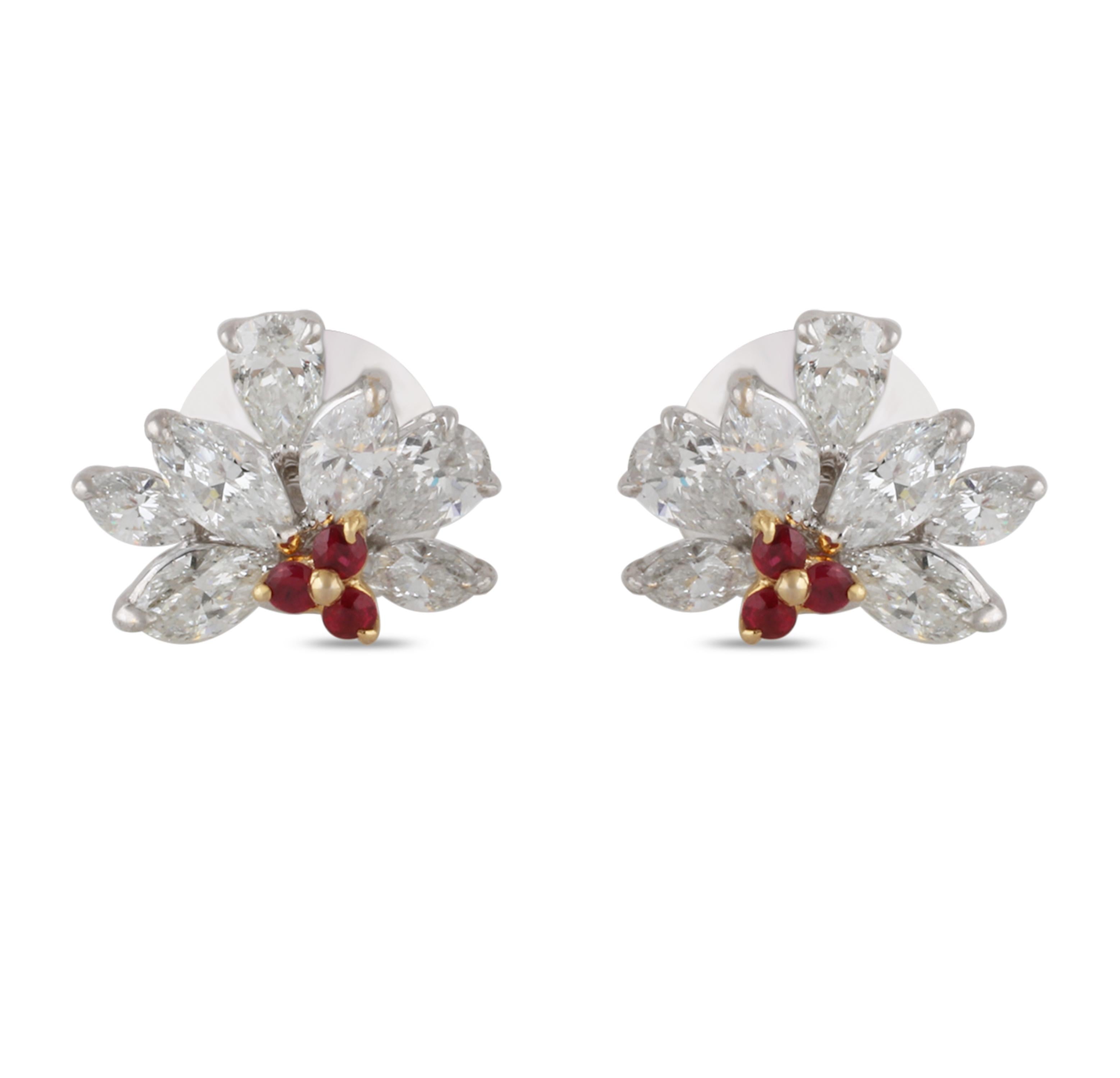 Women's Studio Rêves Diamond and Rubies Stud Earrings in 18 Karat Gold For Sale