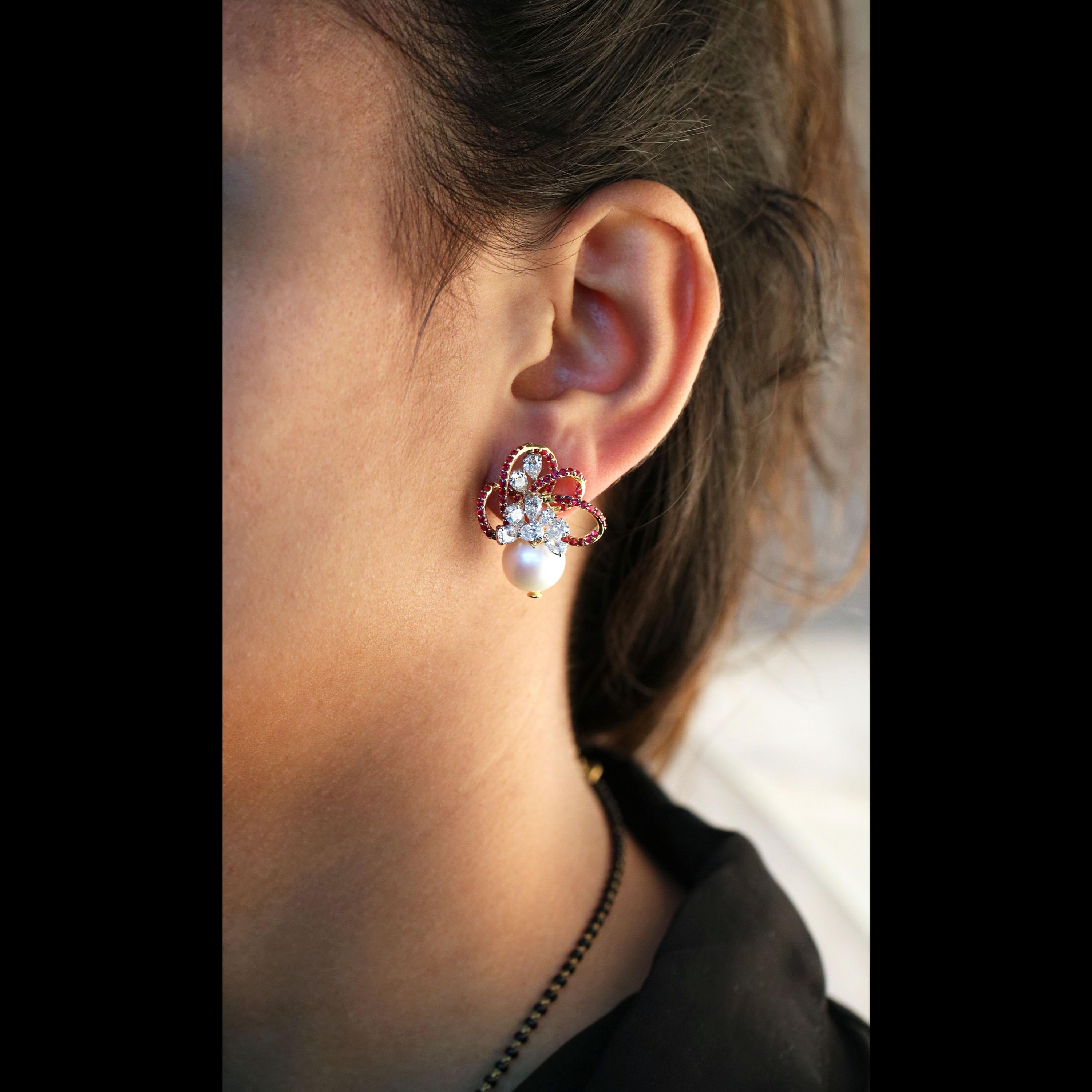 Modern Studio Rêves Diamond and Rubies with Pearls Earrings in 18 Karat Gold For Sale