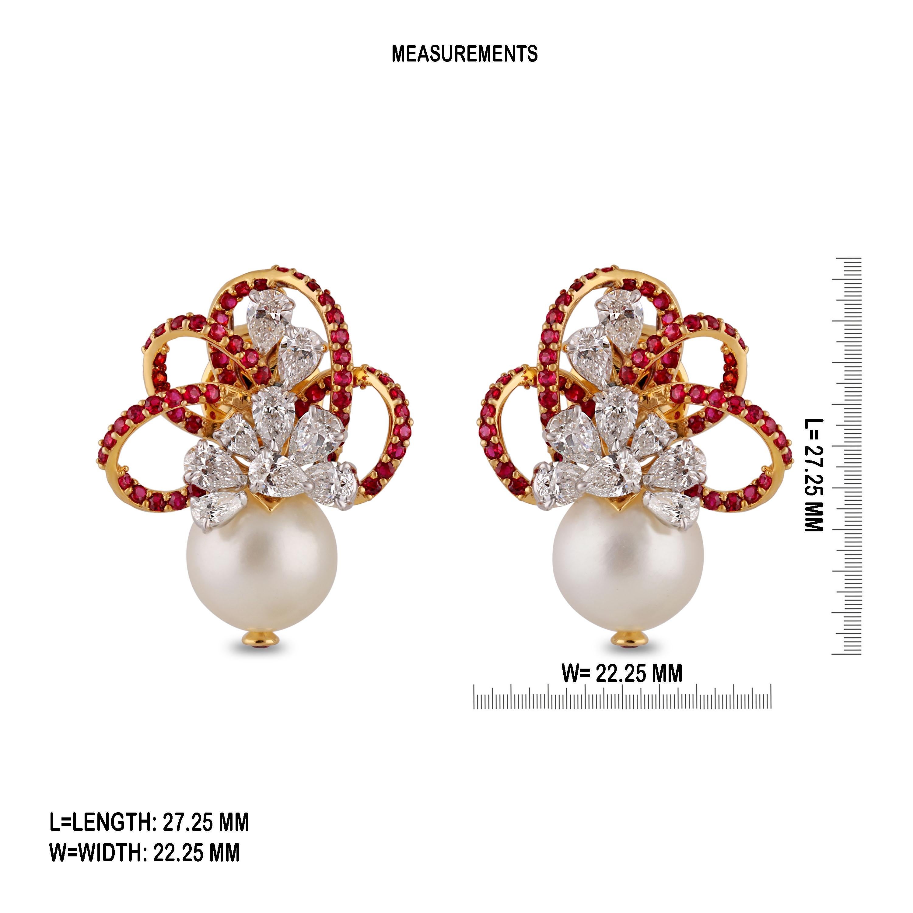 Pear Cut Studio Rêves Diamond and Rubies with Pearls Earrings in 18 Karat Gold For Sale