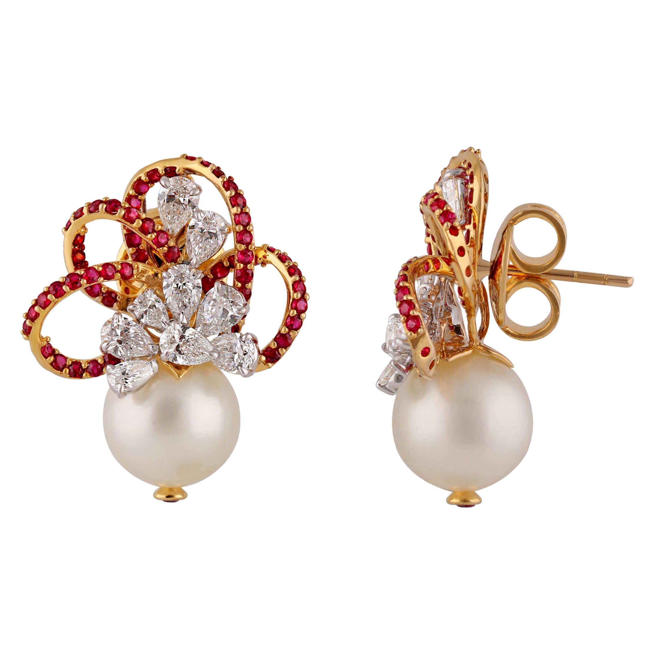 Women's Studio Rêves Diamond and Rubies with Pearls Earrings in 18 Karat Gold For Sale