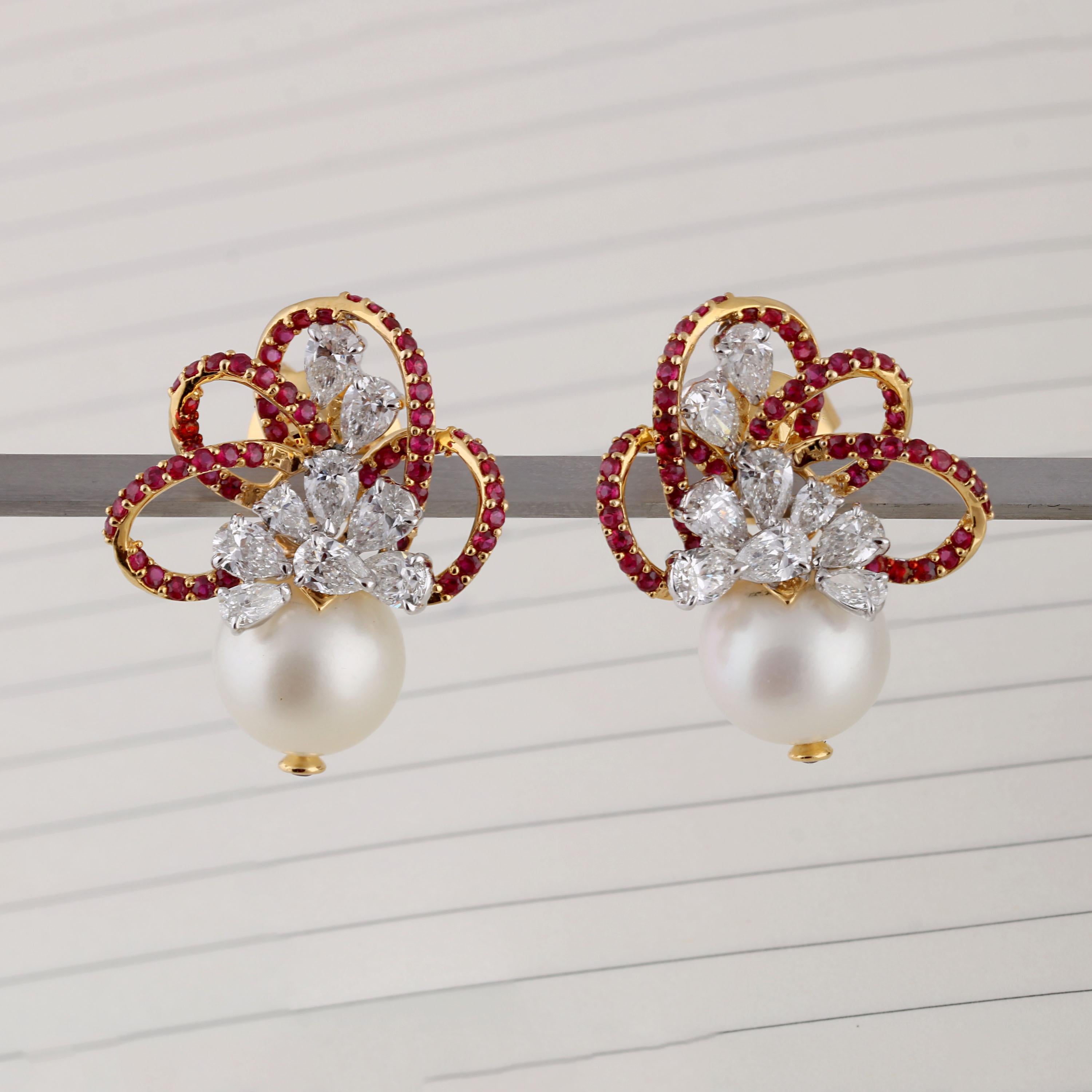 Studio Rêves Diamond and Rubies with Pearls Earrings in 18 Karat Gold For Sale 3