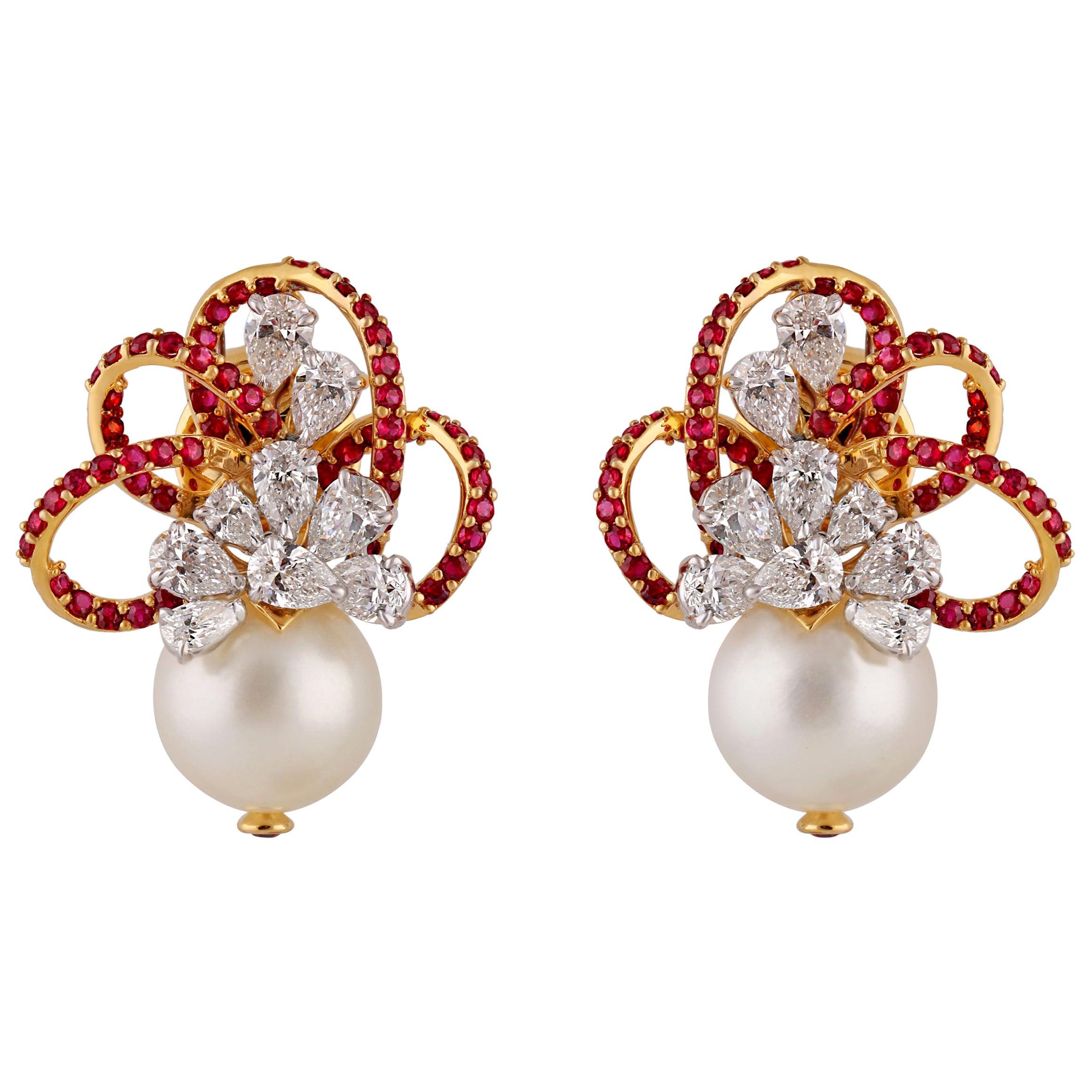 Studio Rêves Diamond and Rubies with Pearls Earrings in 18 Karat Gold For Sale