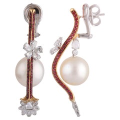 Studio Rêves Diamond and Ruby Earrings with Pearls in 18 Karat Gold