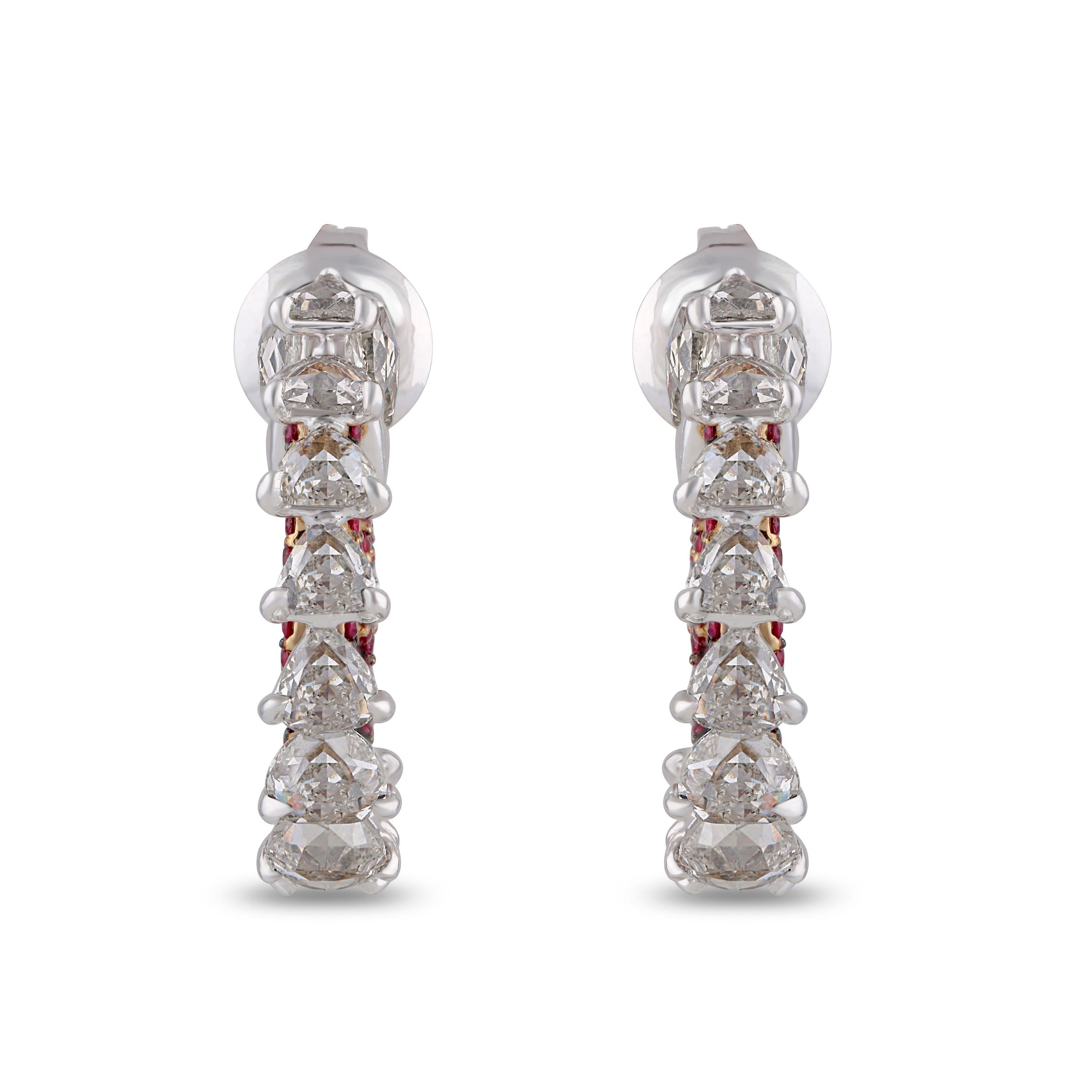 Women's Studio Rêves Diamond and Ruby Curled Hoop Earrings in 18 Karat Gold For Sale