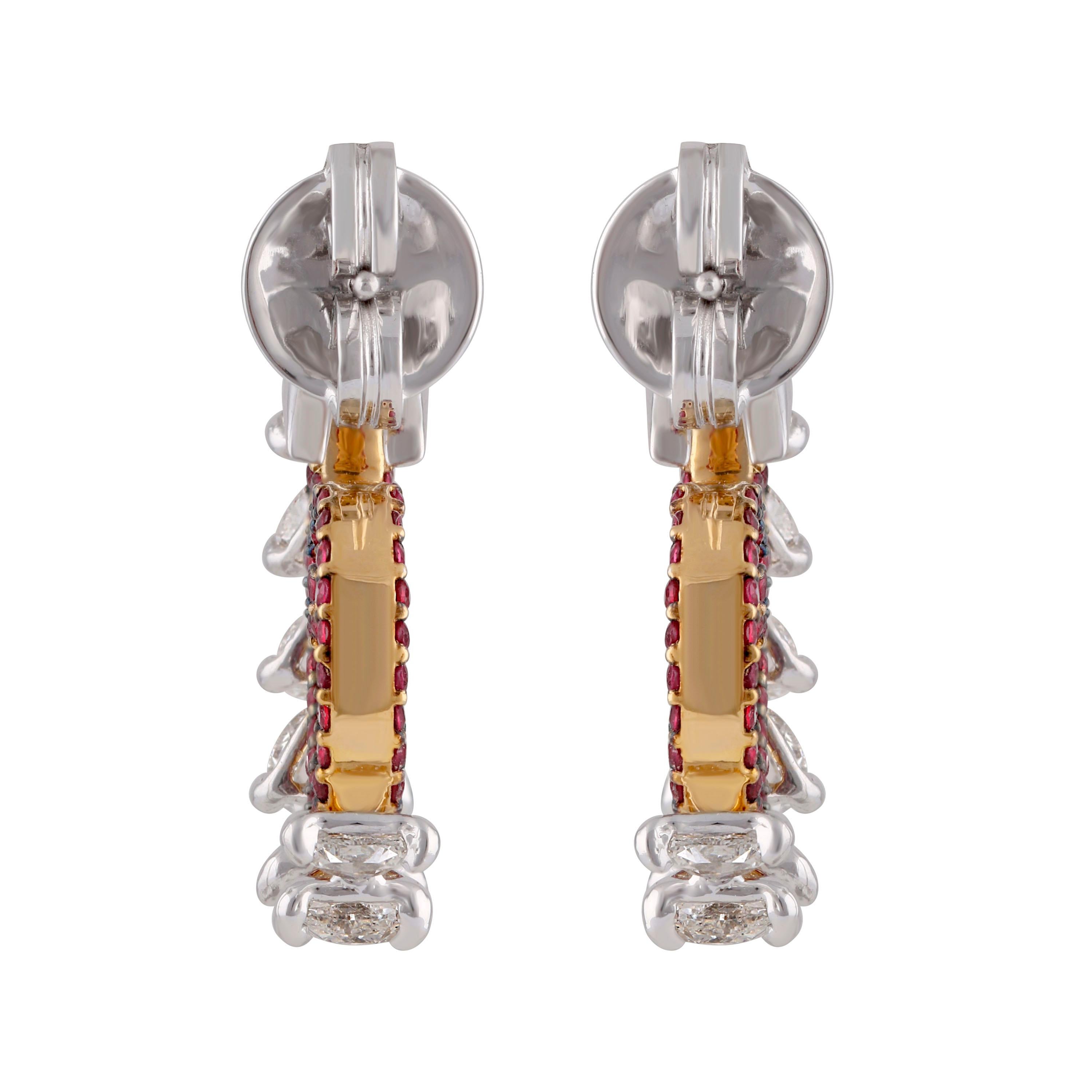 Studio Rêves Diamond and Ruby Curled Hoop Earrings in 18 Karat Gold For Sale 1