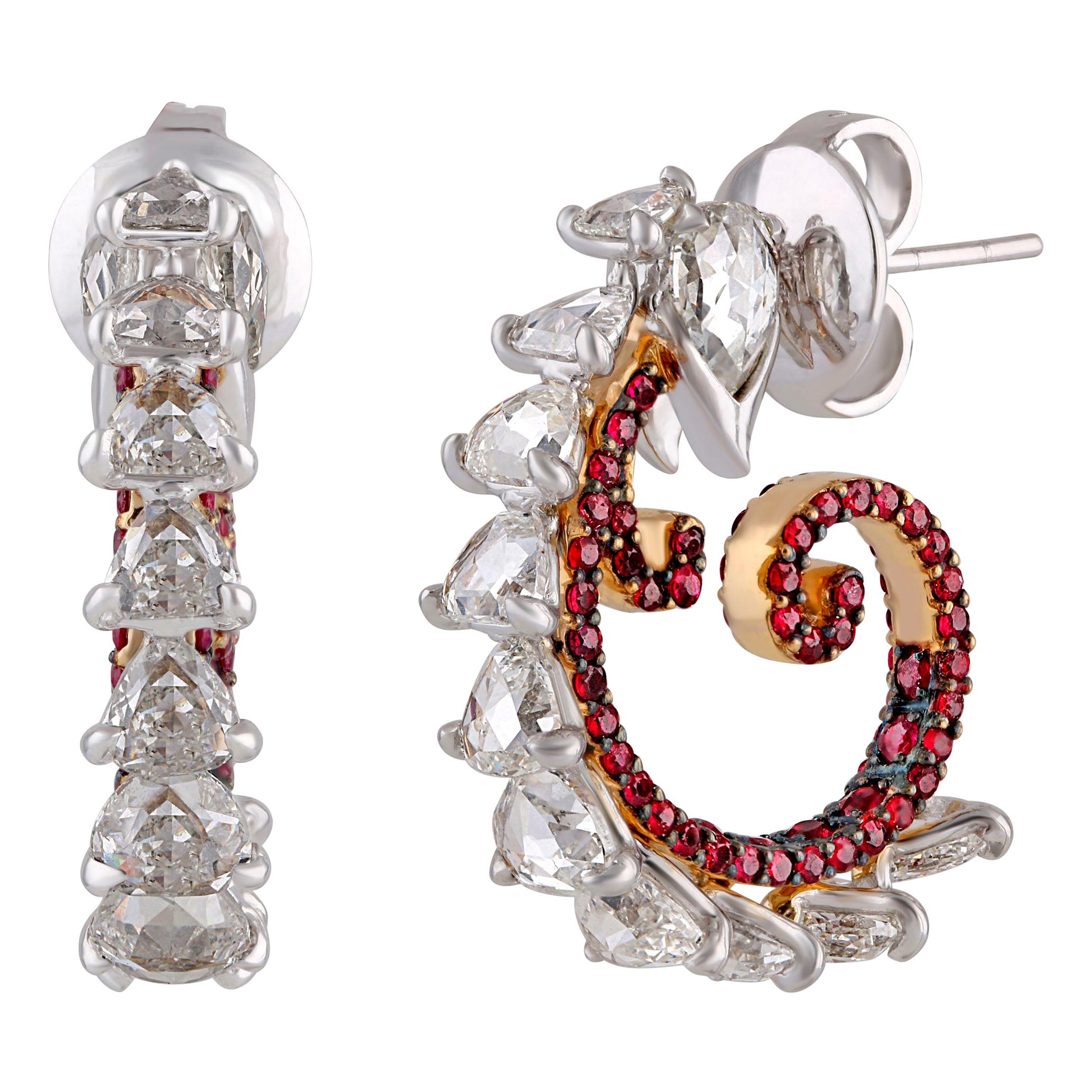 Studio Rêves Diamond and Ruby Curled Hoop Earrings in 18 Karat Gold For Sale