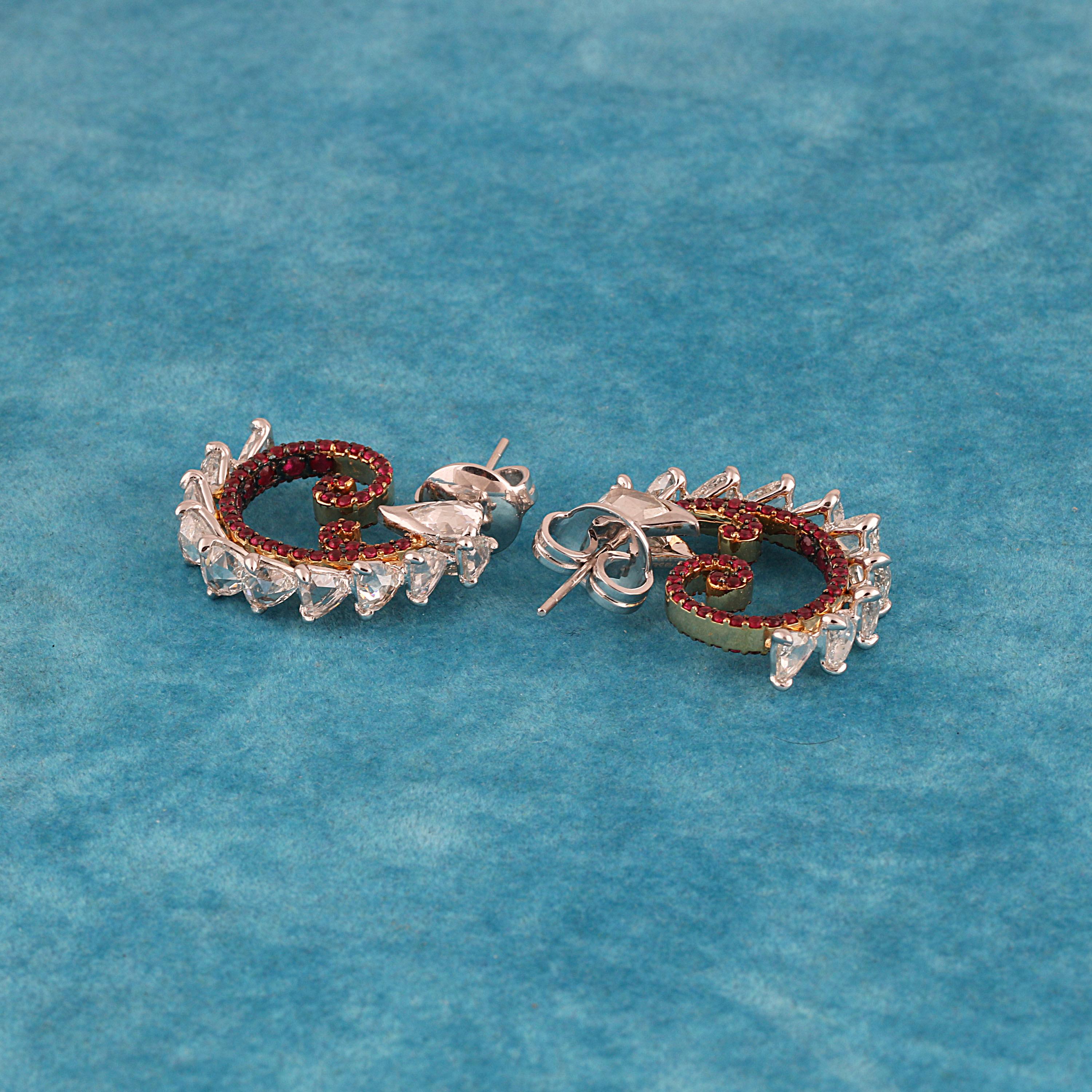 Studio Rêves Diamond and Ruby Studded Curled Hoop Earrings in 18 Karat Gold For Sale 2