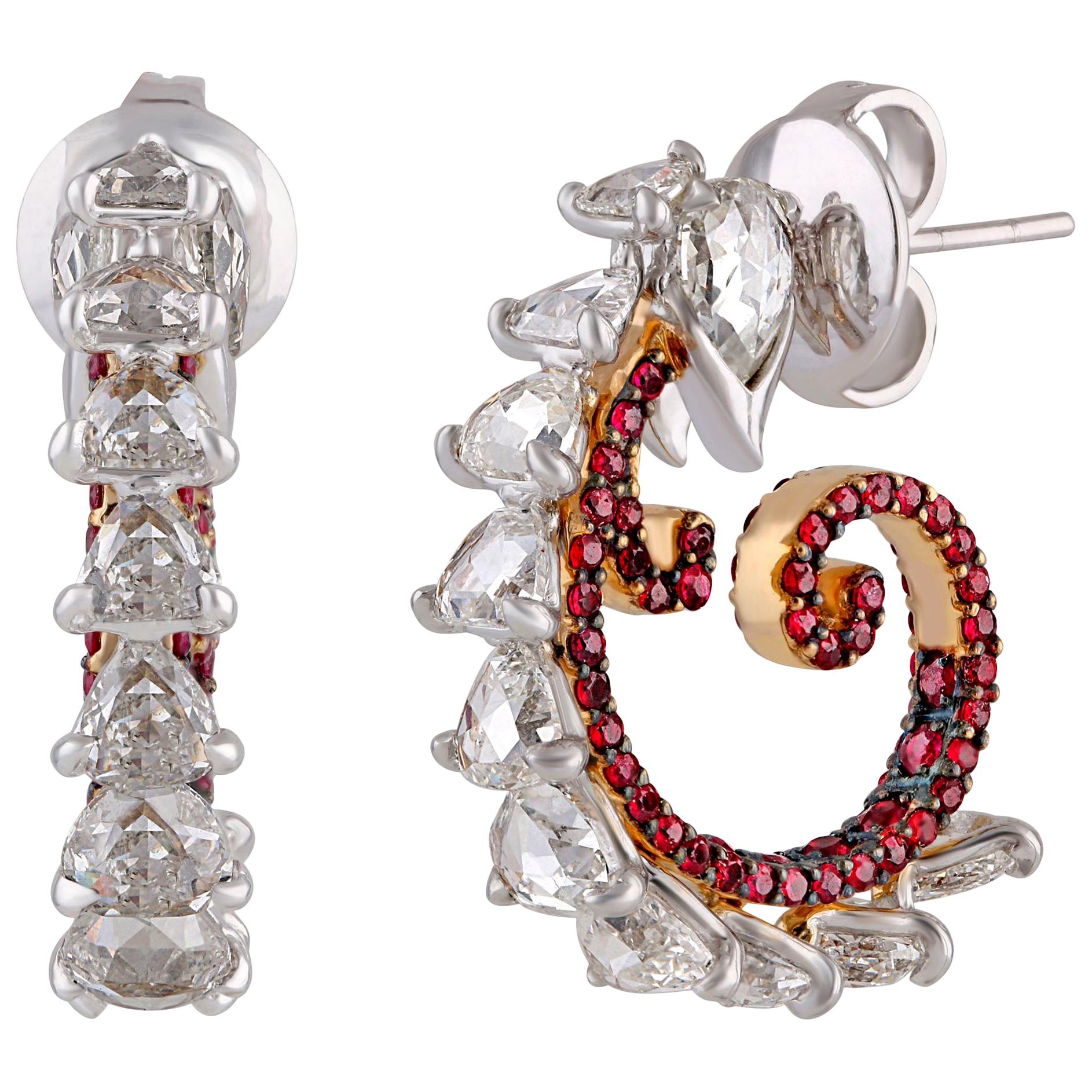 Studio Rêves Diamond and Ruby Studded Curled Hoop Earrings in 18 Karat Gold For Sale
