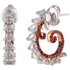 Studio Rêves Diamond and Ruby Studded Curled Hoop Earrings in 18 Karat Gold
