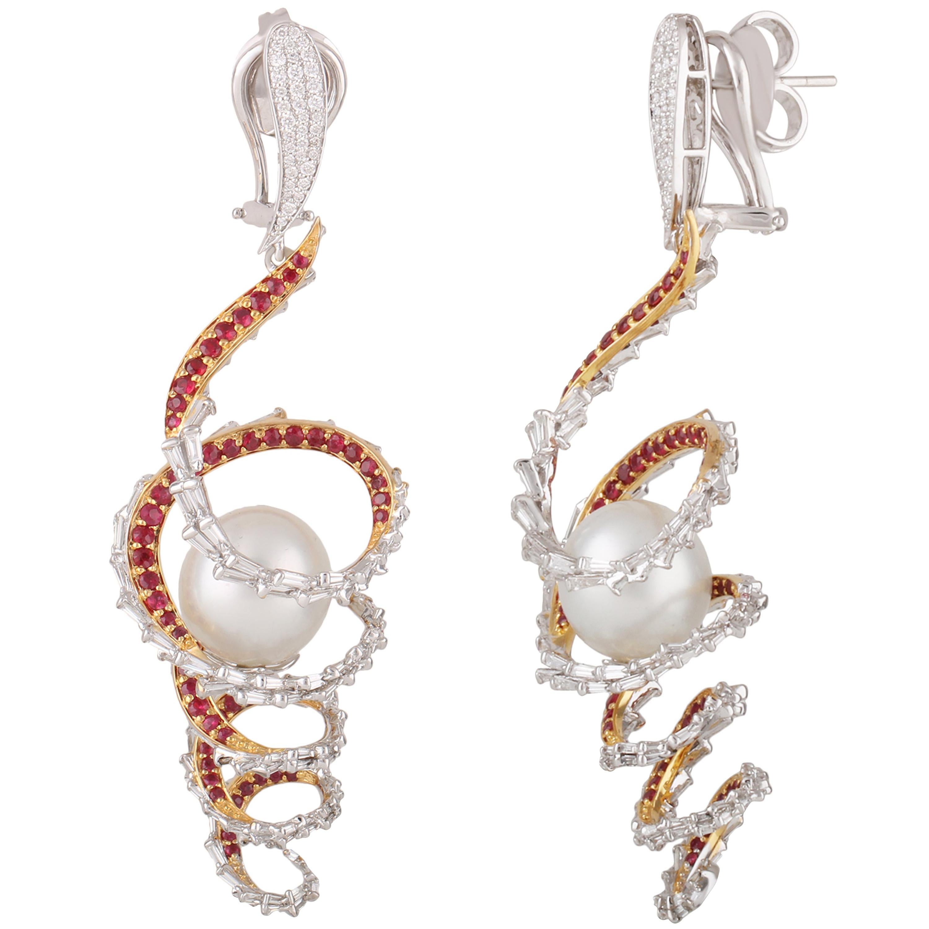 Studio Rêves Diamond and Ruby Swirl Pearl Dangling Earrings in 18 Karat Gold For Sale