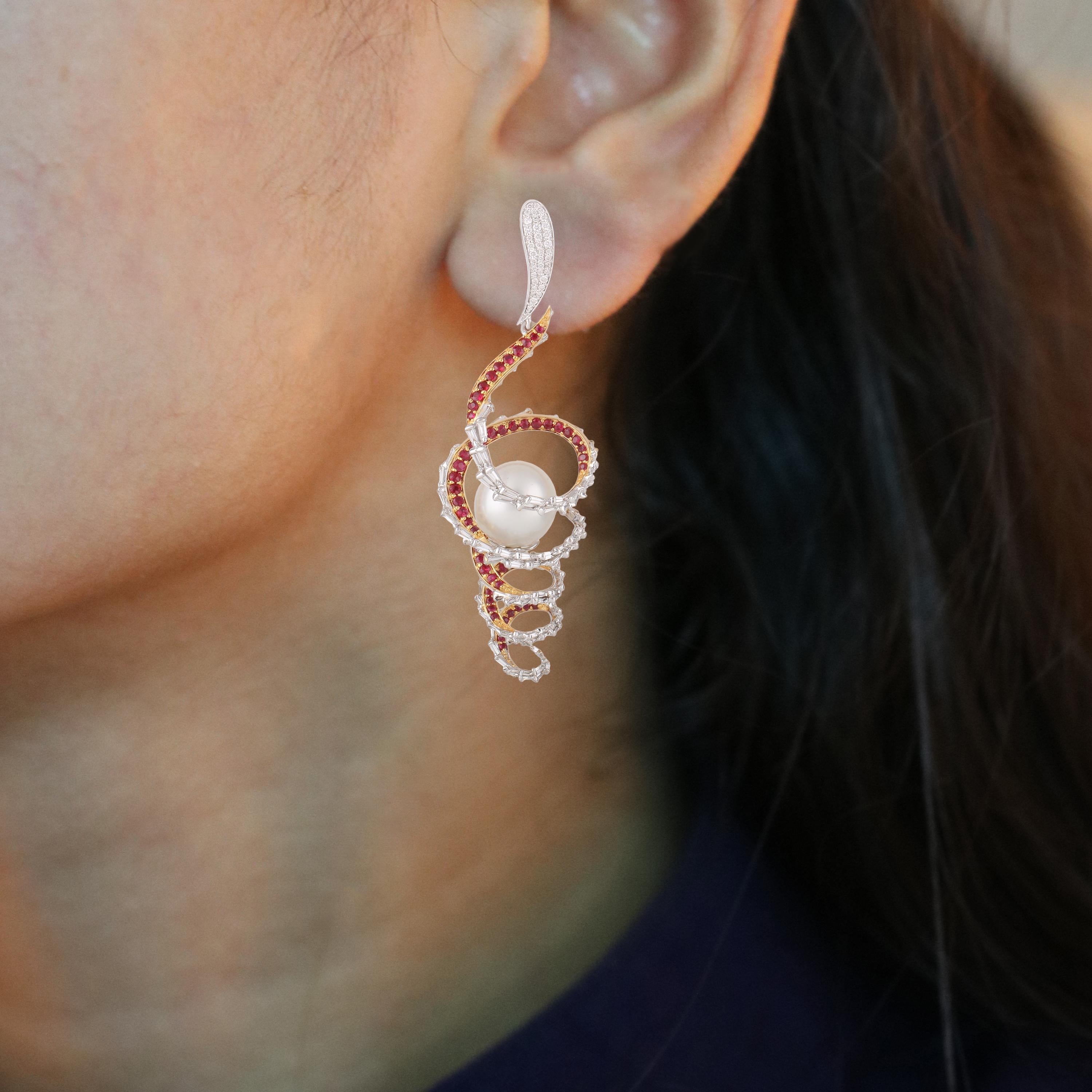 Contemporary Studio Rêves Diamond and Ruby Swirl Pearl Dangling Earrings in 18 Karat Gold For Sale