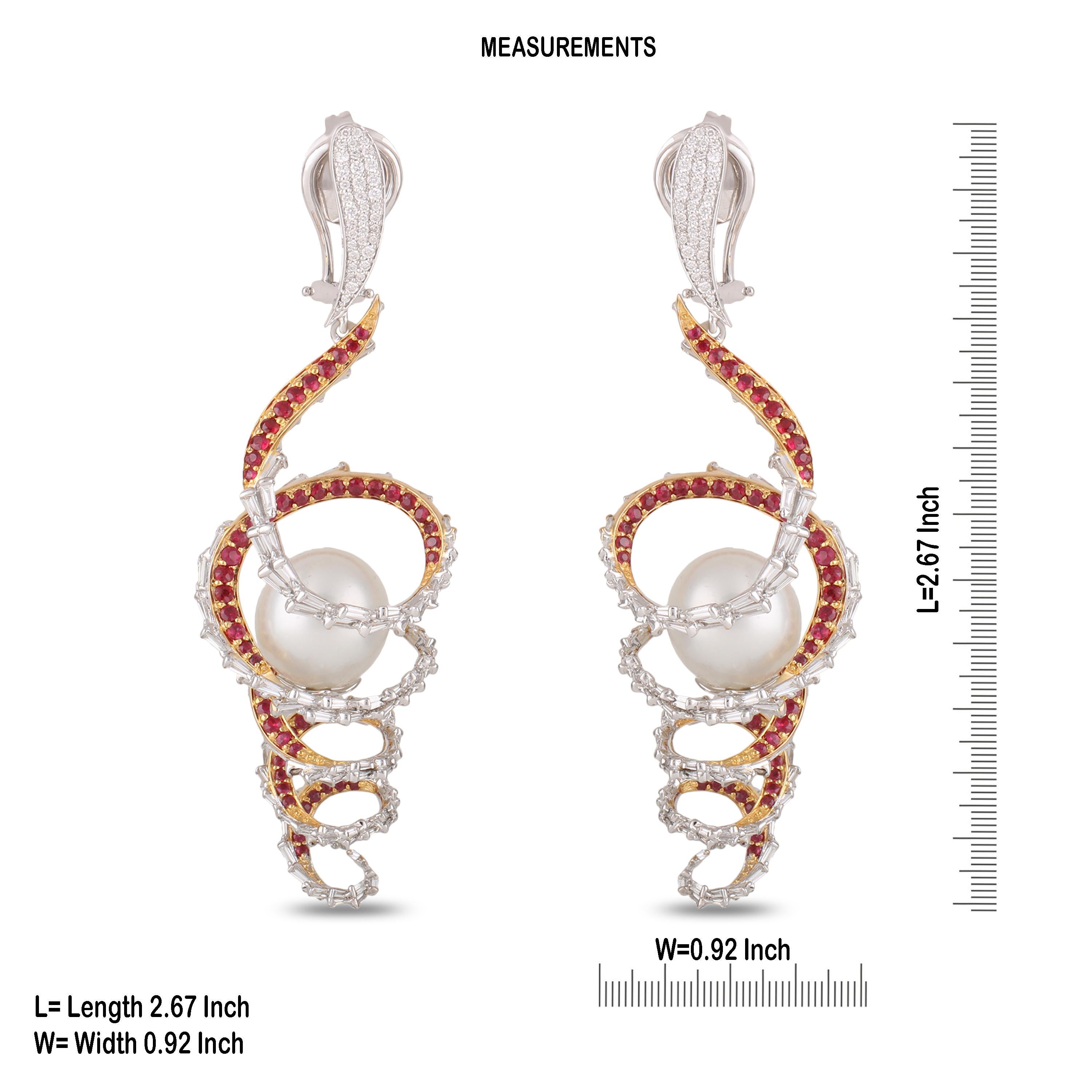 Tapered Baguette Studio Rêves Diamond and Ruby Swirl Pearl Dangling Earrings in 18 Karat Gold For Sale