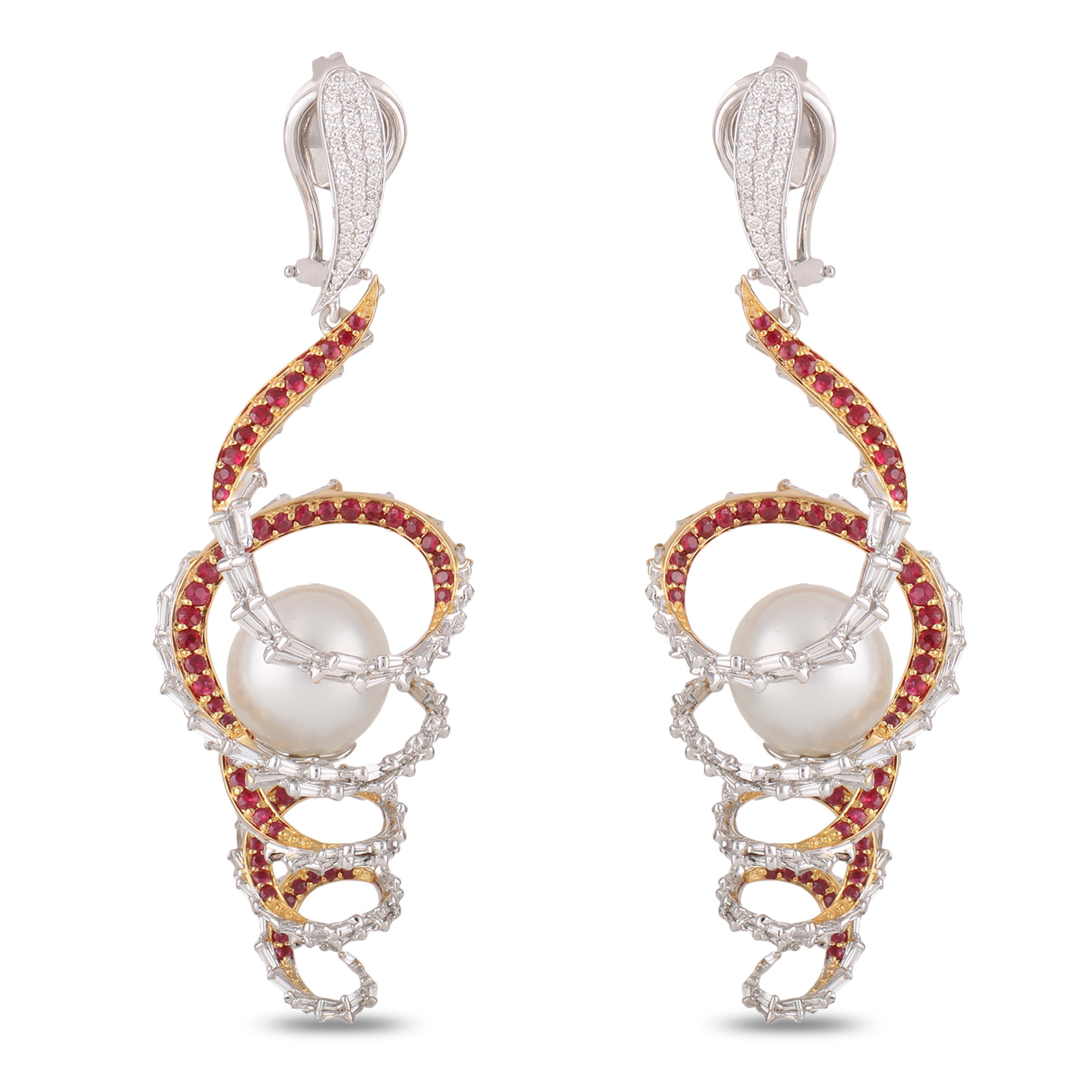 Women's Studio Rêves Diamond and Ruby Swirl Pearl Dangling Earrings in 18 Karat Gold For Sale