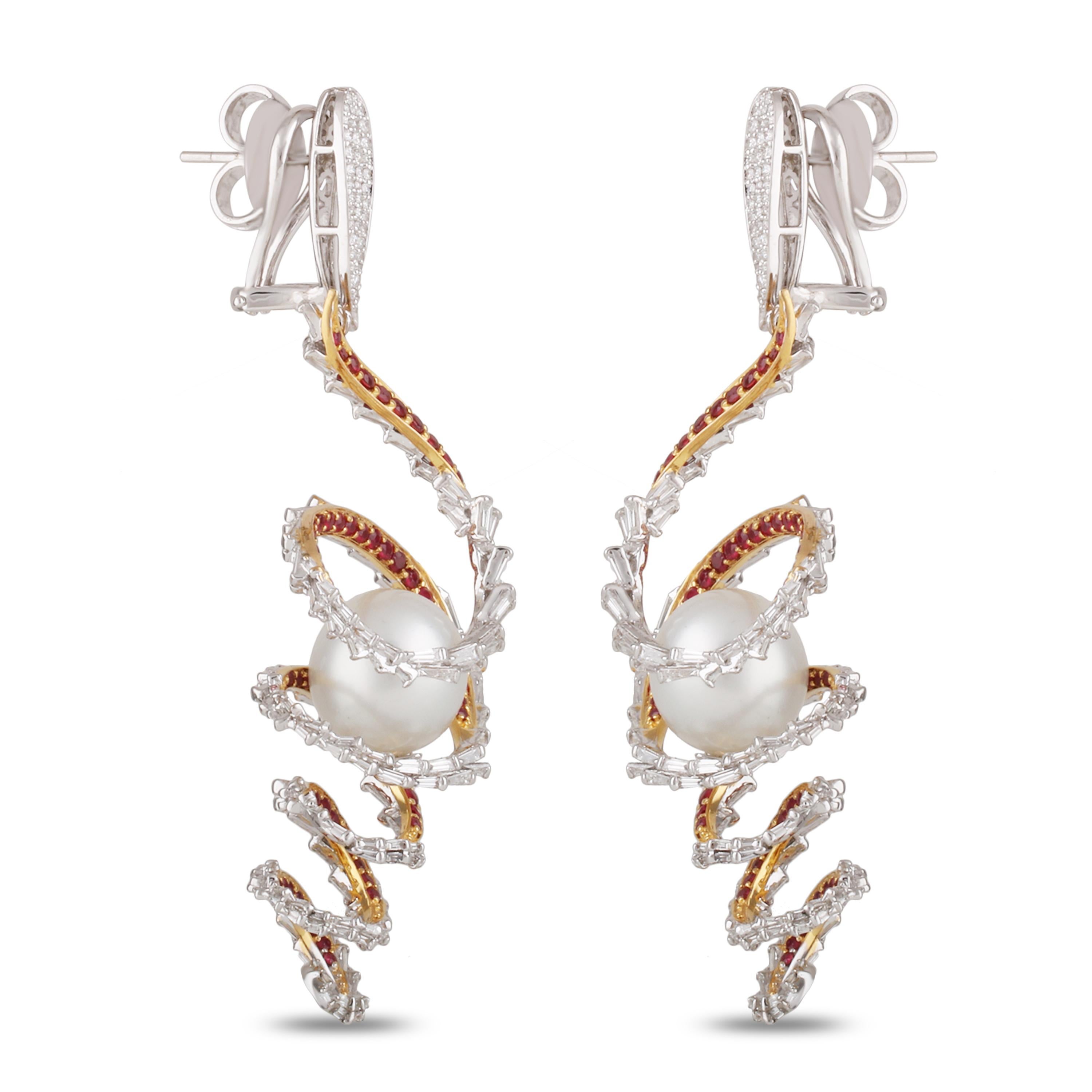 Studio Rêves Diamond and Ruby Swirl Pearl Dangling Earrings in 18 Karat Gold For Sale 1