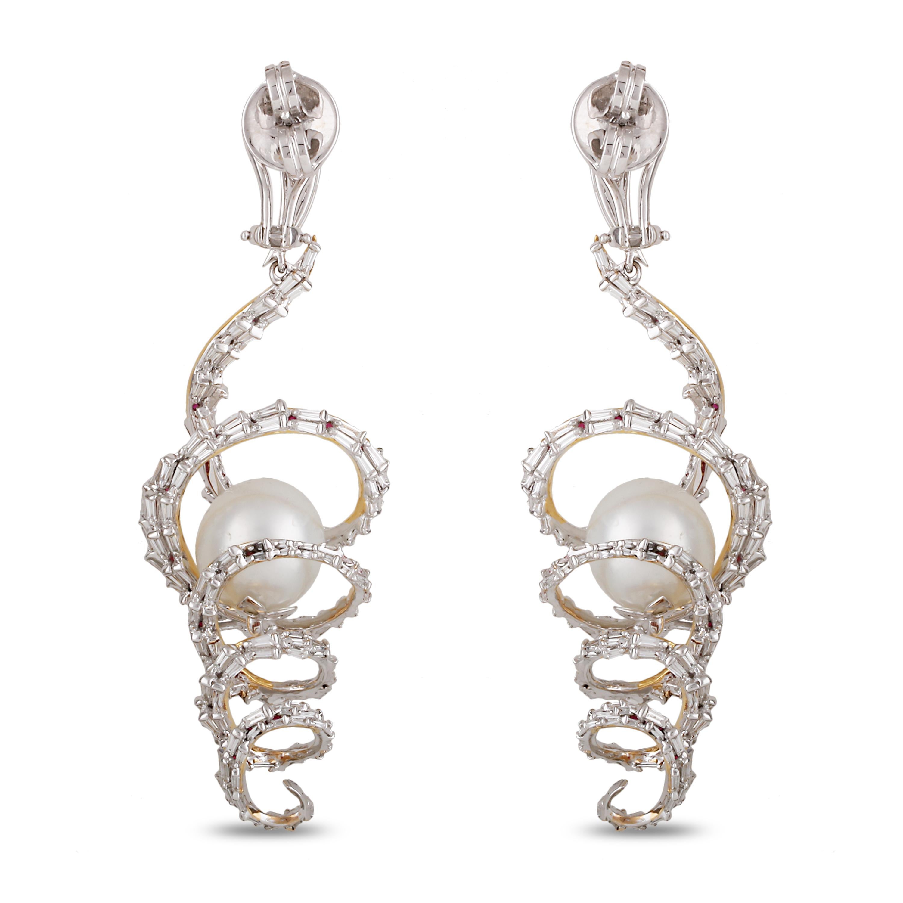 Studio Rêves Diamond and Ruby Swirl Pearl Dangling Earrings in 18 Karat Gold For Sale 2