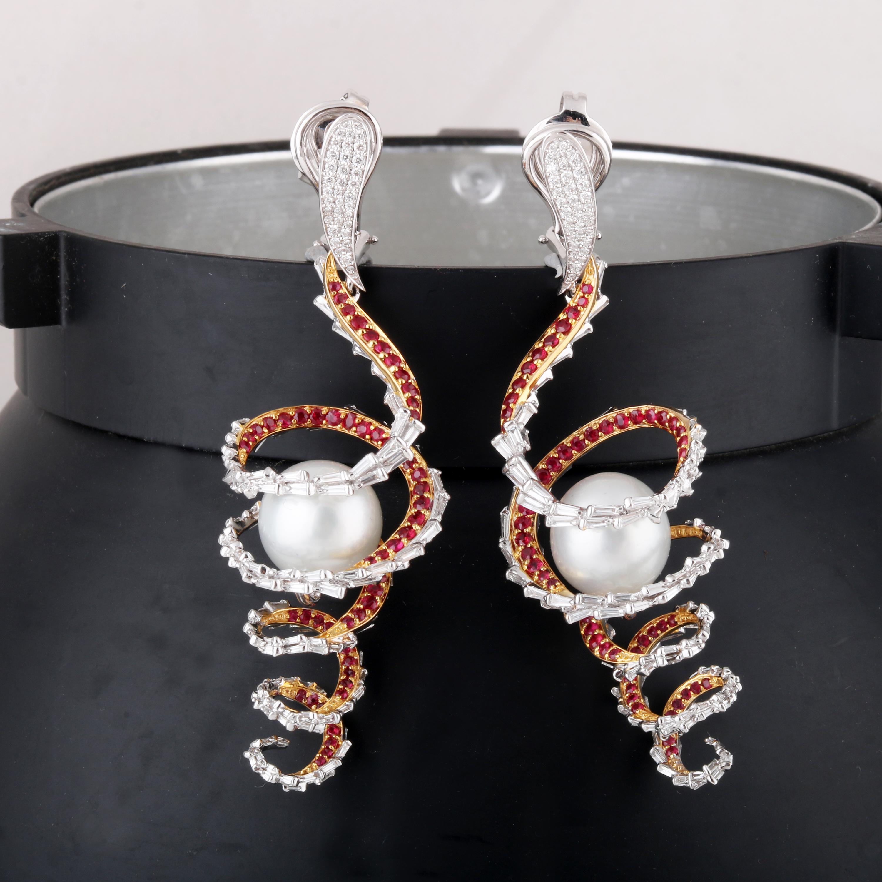 Studio Rêves Diamond and Ruby Swirl Pearl Dangling Earrings in 18 Karat Gold For Sale 3