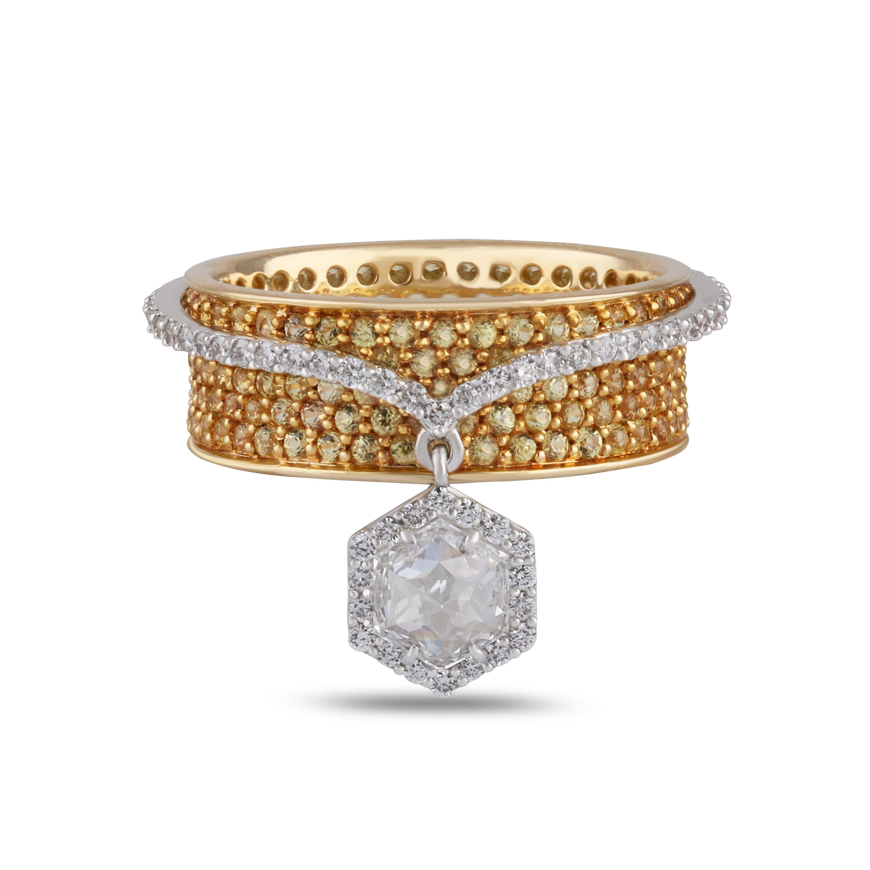 Rose Cut Studio Rêves Diamond and Yellow Sapphire Band Ring in 18 Karat Gold
