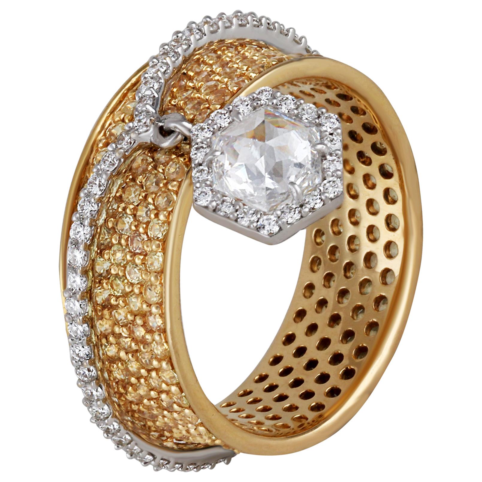 Studio Rêves Diamond and Yellow Sapphire Band Ring in 18 Karat Gold