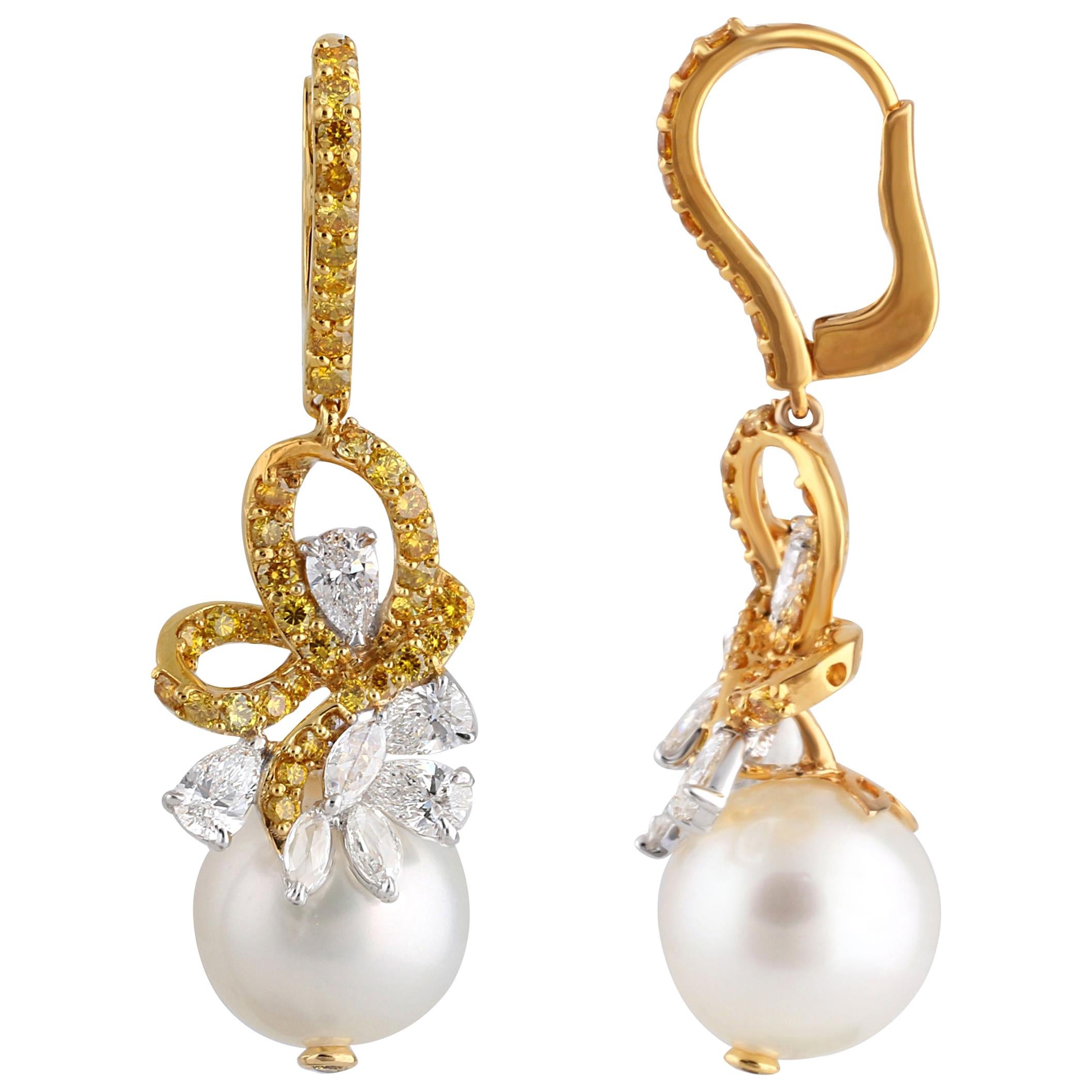 Studio Rêves Diamond Bow with Lever-Back Dangling Pearl Earrings in 18K Gold For Sale