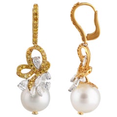 Studio Rêves Diamond Bow with Lever-Back Dangling Pearl Earrings in 18K Gold