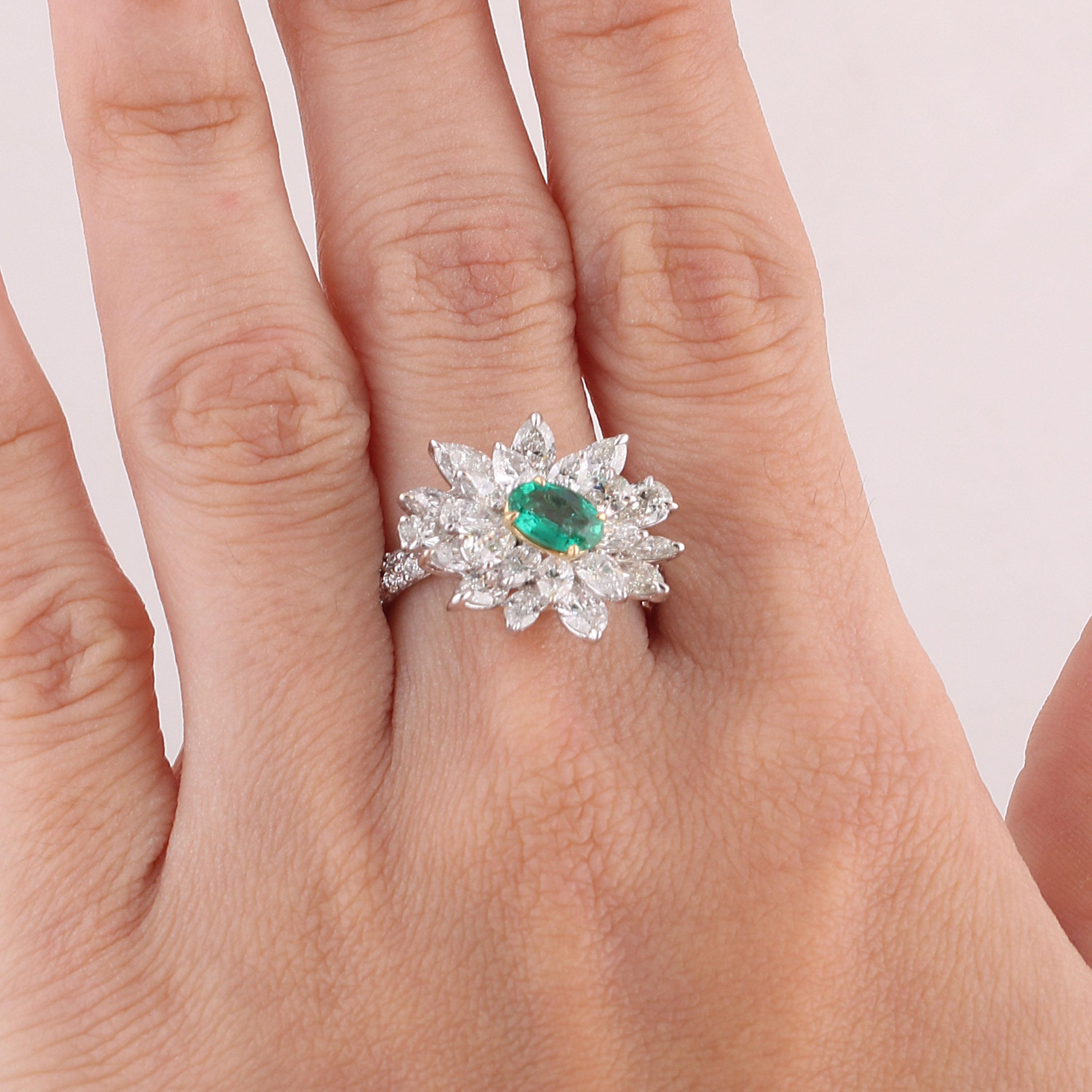Gross Weight: 6.71 Grams
Diamond Weight: 3.26 cts
Emerald Weight: 0.62 cts
Ring Size: US 6.5 (Resizing can be Done)
IGI Certified

Matching Earrings are Available.

Video of the product can be shared upon request.

Emeralds have the distinct power