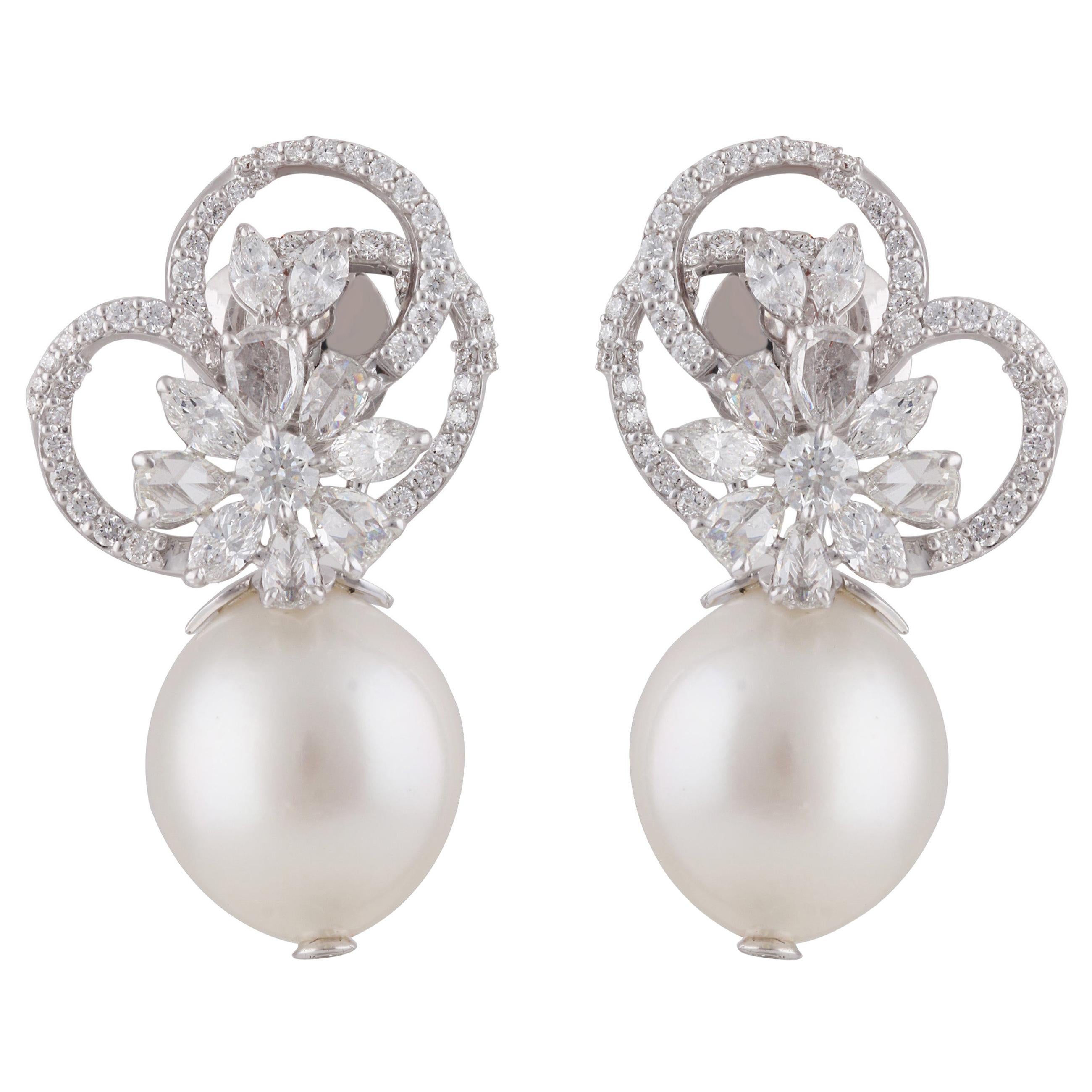 Studio Rêves Diamond Floral Earrings with Pearls in 18 Karat Gold For Sale