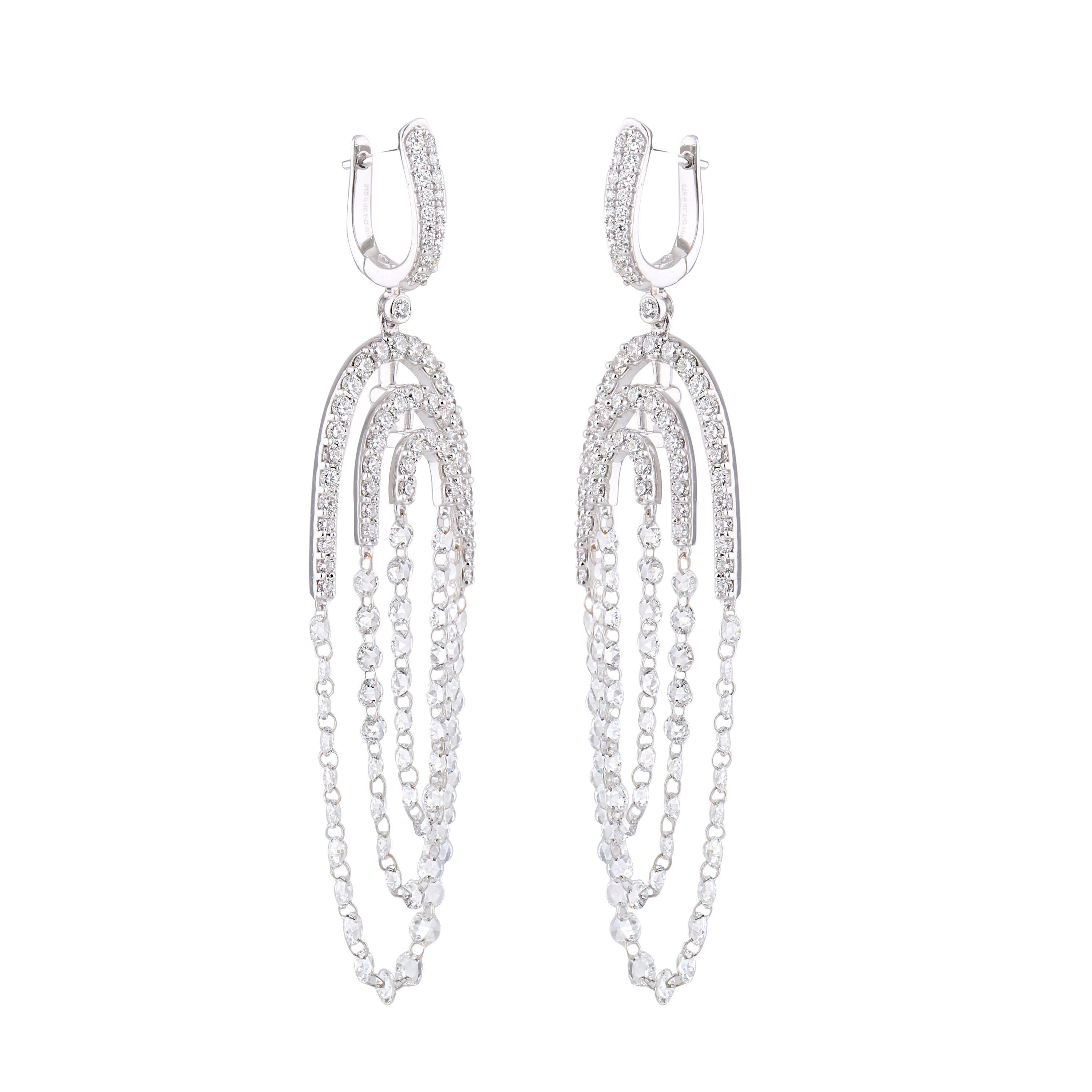 Rose Cut Studio Rêves Diamond Lever-Back Dangling Earrings in 18 Karat White Gold For Sale