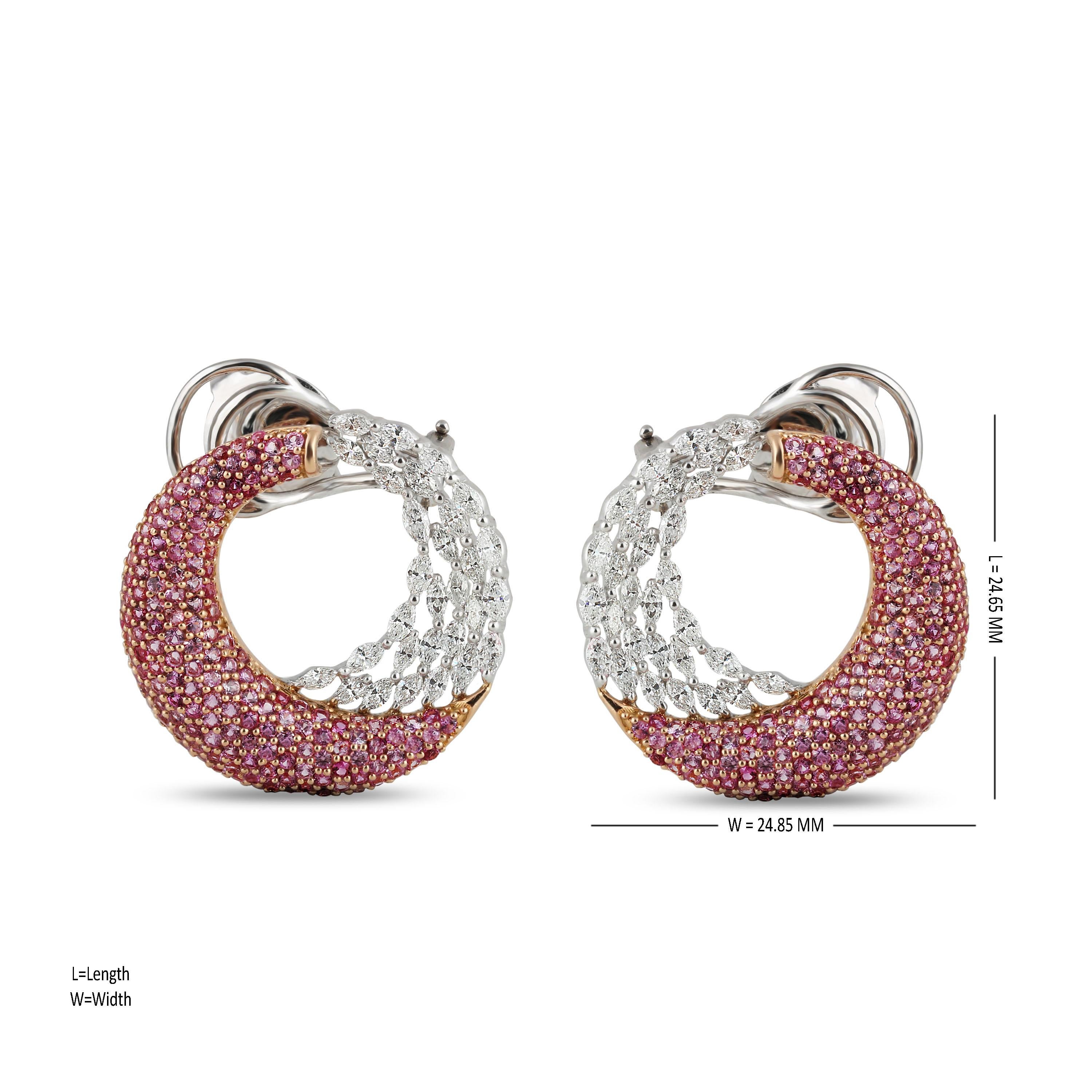 Studio Rêves Diamond Marquise and Pink Sapphire Earrings in 18 Karat Gold In New Condition In Mumbai, Maharashtra