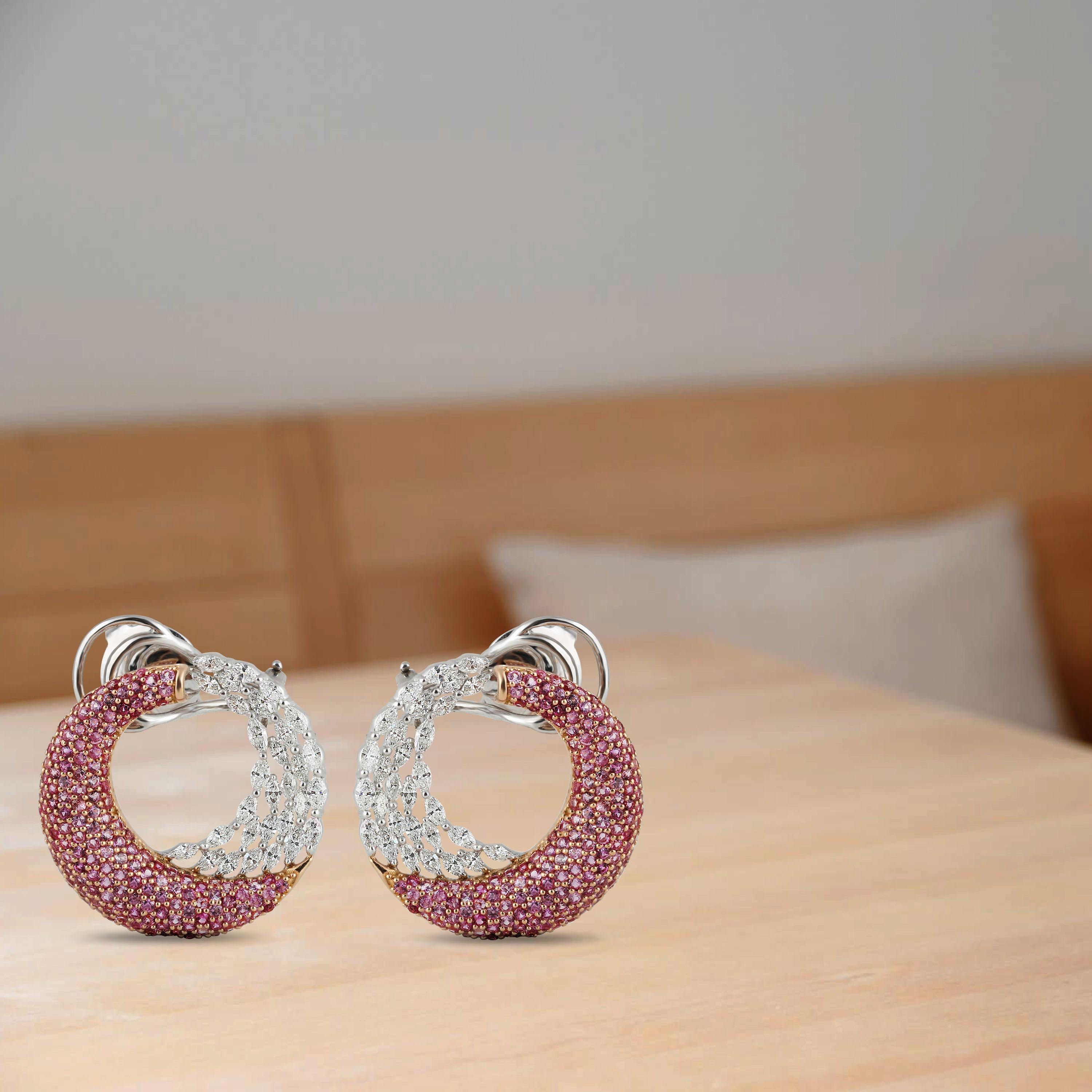 Women's Studio Rêves Diamond Marquise and Pink Sapphire Earrings in 18 Karat Gold