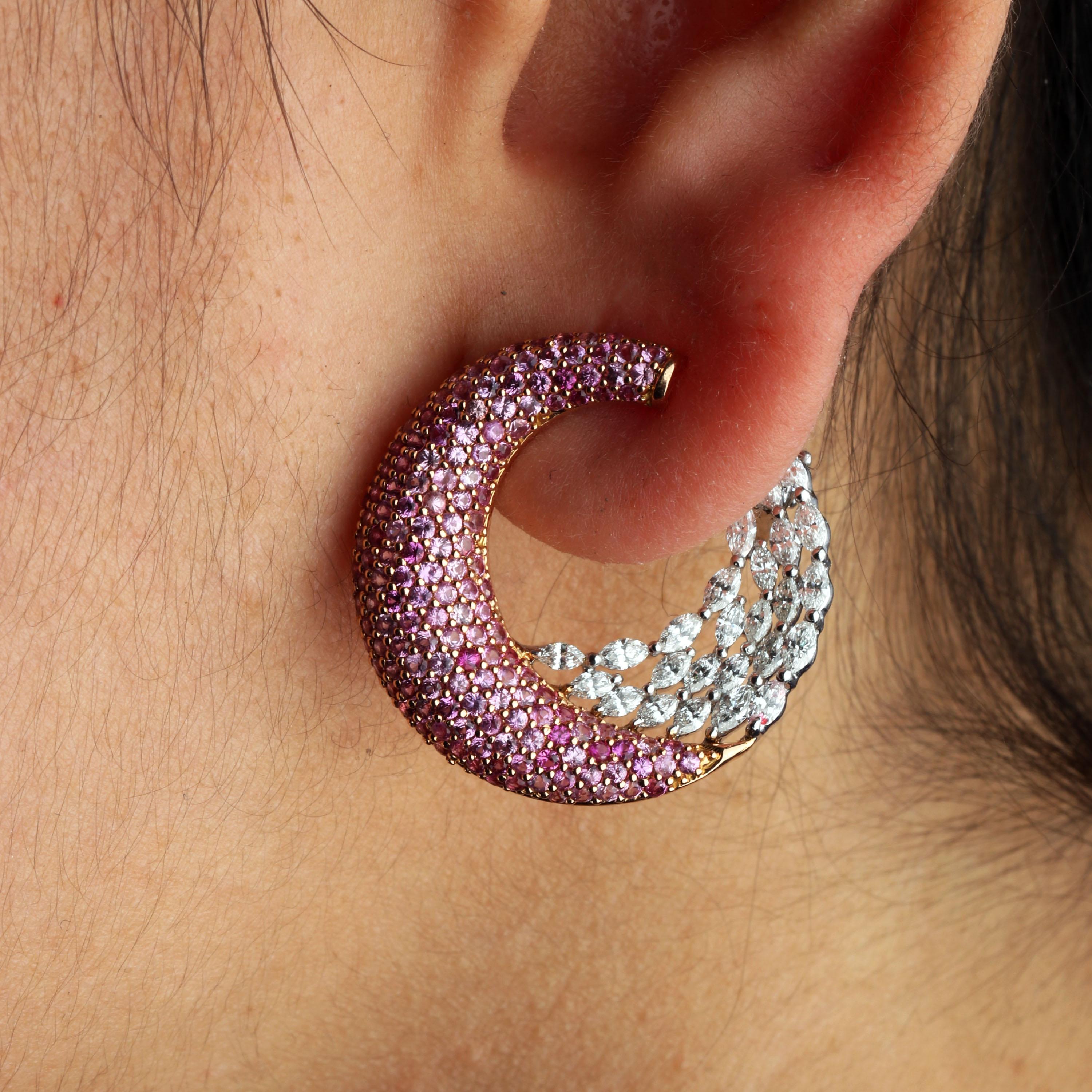 Studio Rêves Diamond Marquise and Pink Sapphire Earrings in 18 Karat Gold 1