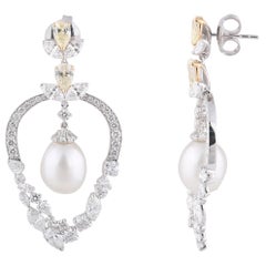 Studio Rêves Diamond Pearl Dangling Earrings in 18 Karat White Gold