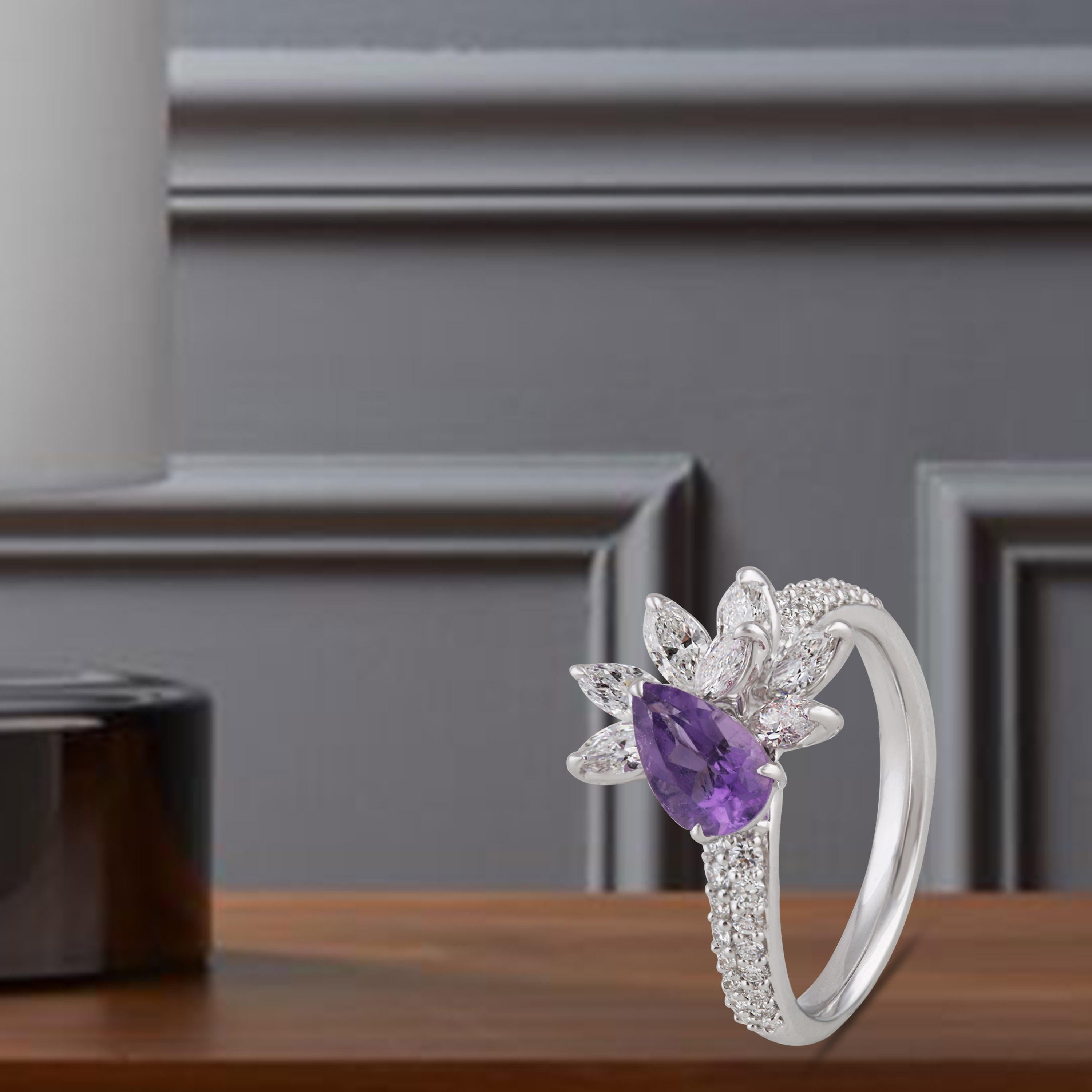 Studio Rêves Diamond Ring with Amethyst in 18 Karat White Gold For Sale 2