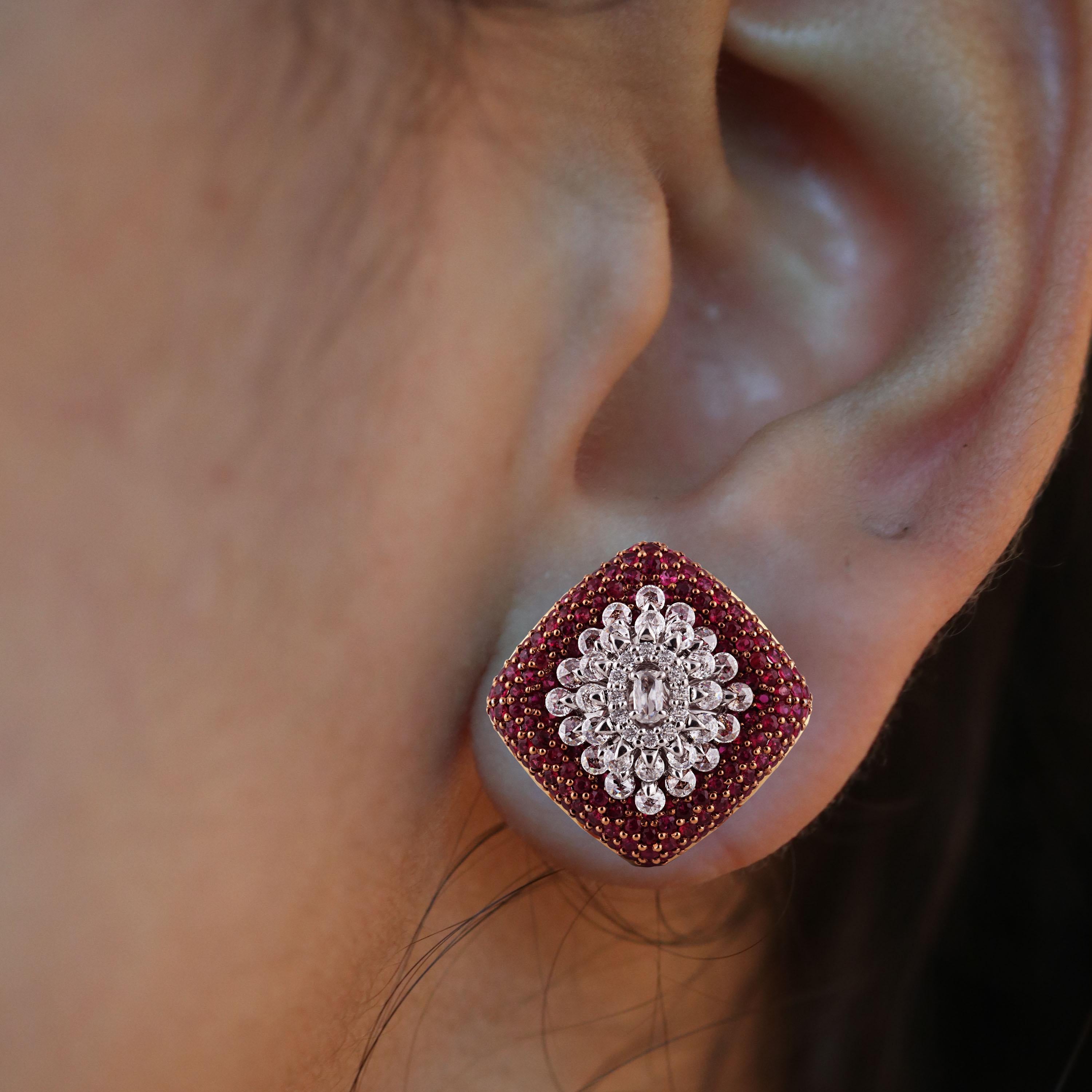 Gross Weight: 16.35 Grams
Diamond Weight: 1.40 cts
Ruby Weight: 3.41 cts
IGI Certification can be done on Request.

Video of the product can be shared on request.

An oval rose cut diamond is the eye catching center of these diamond snowflake stud