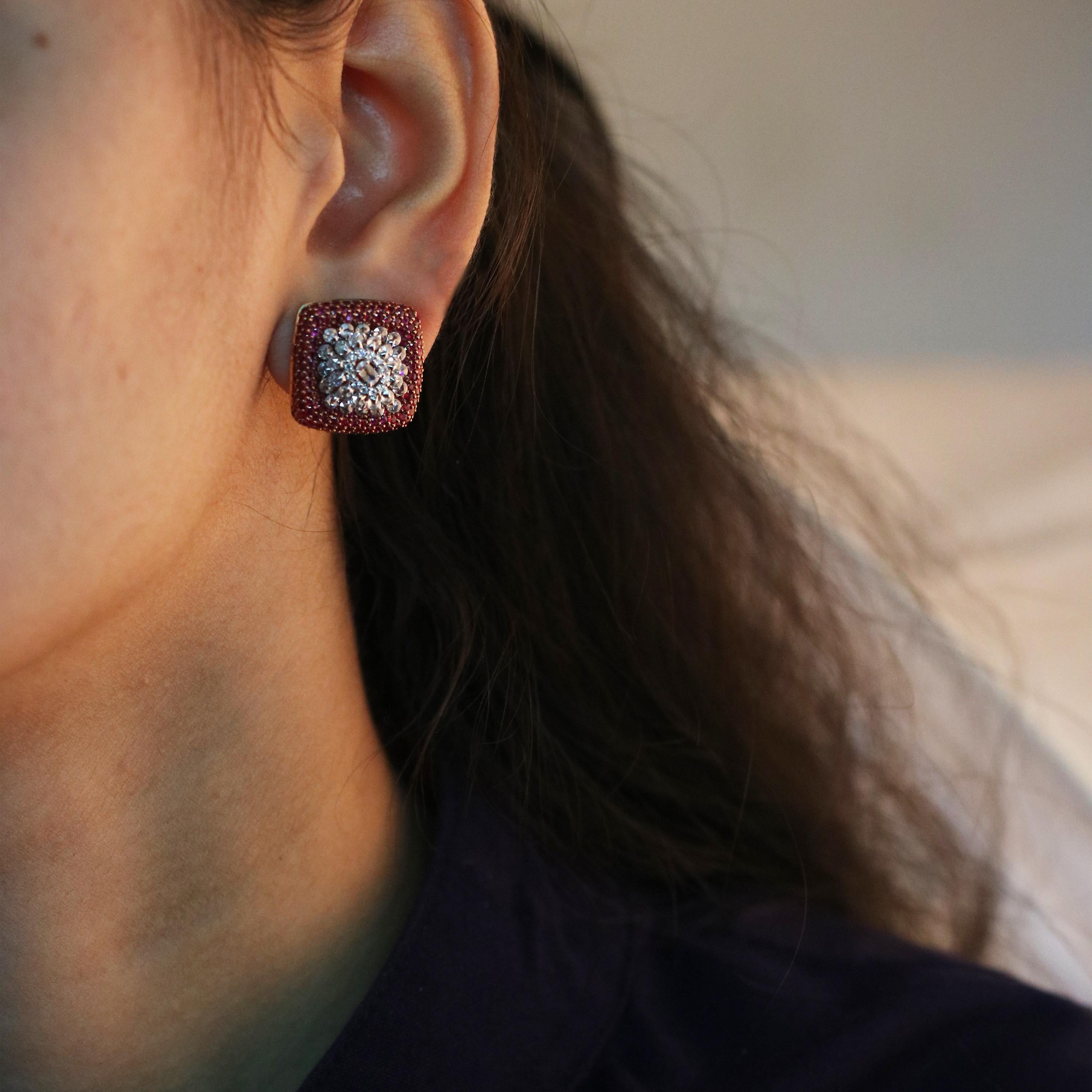 Contemporary Studio Rêves Diamond Snowflake Stud Earrings with a Bed of Rubies in 18K Gold For Sale