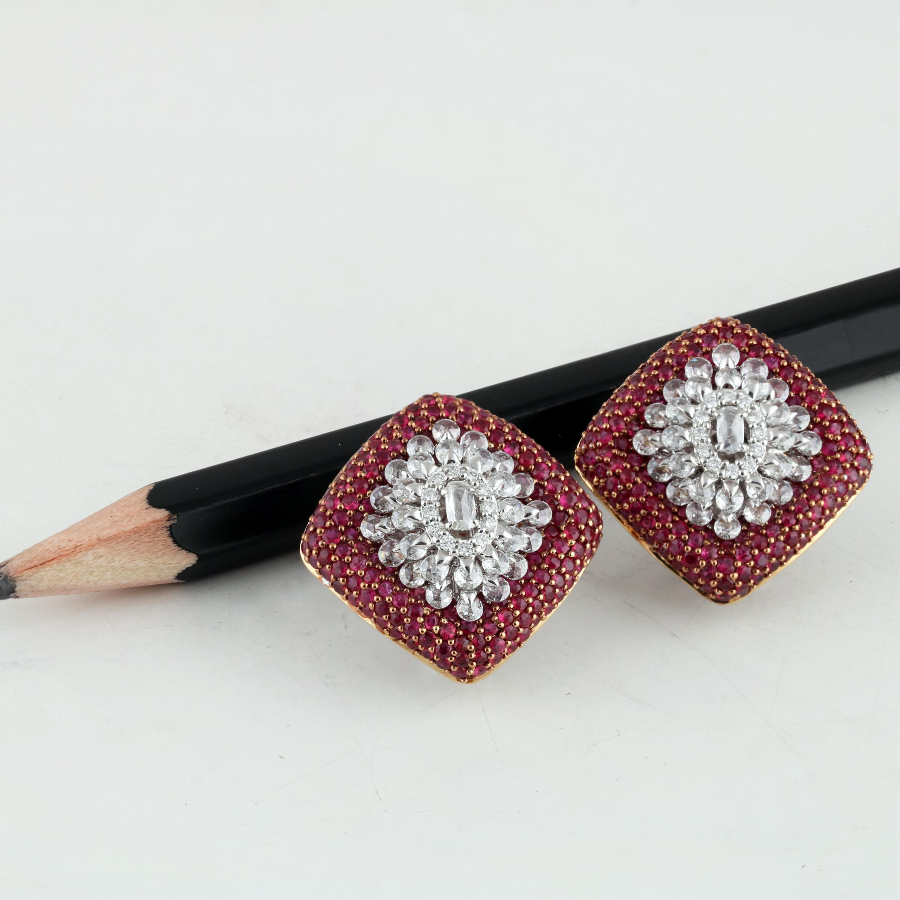 Rose Cut Studio Rêves Diamond Snowflake Stud Earrings with a Bed of Rubies in 18K Gold For Sale