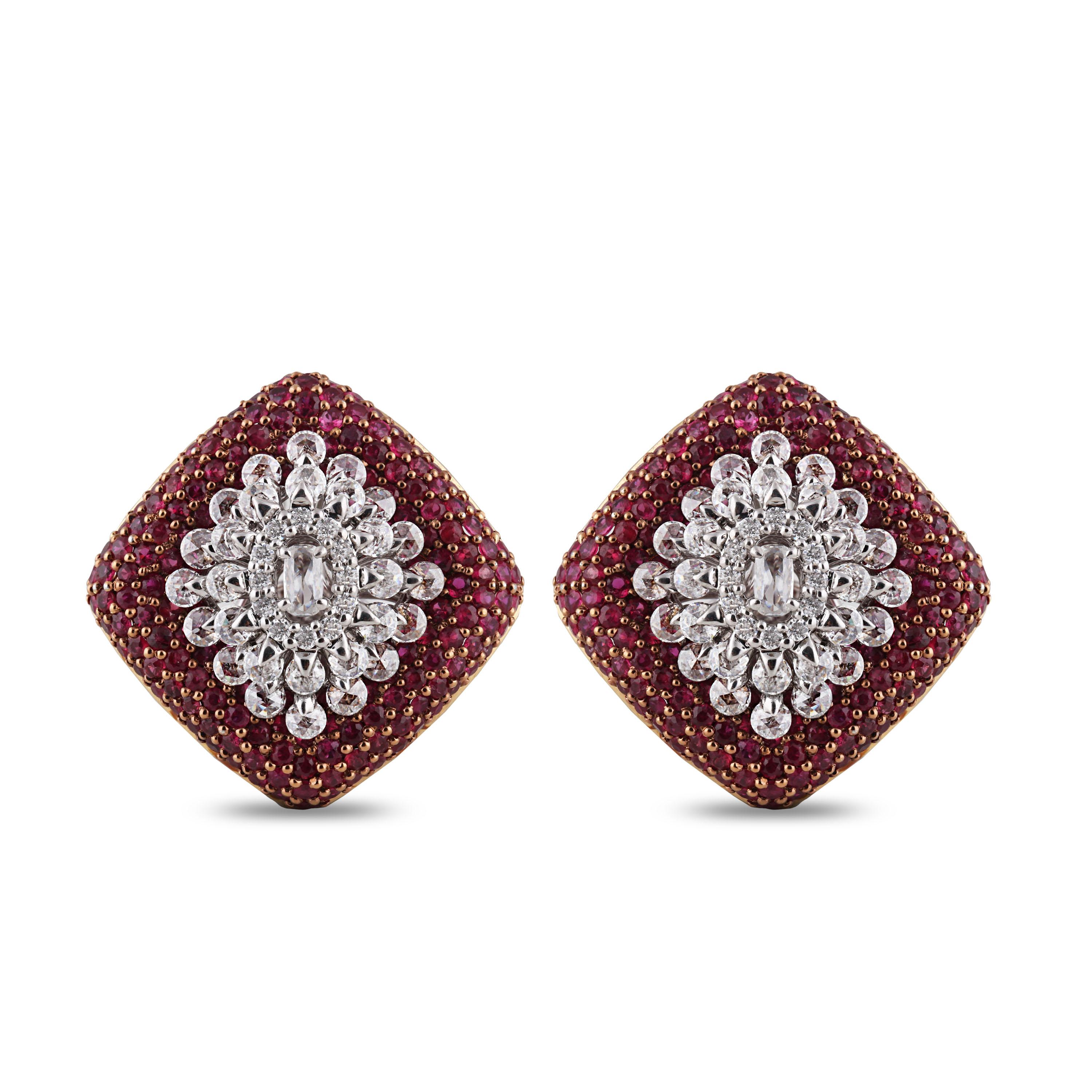 Women's Studio Rêves Diamond Snowflake Stud Earrings with a Bed of Rubies in 18K Gold For Sale