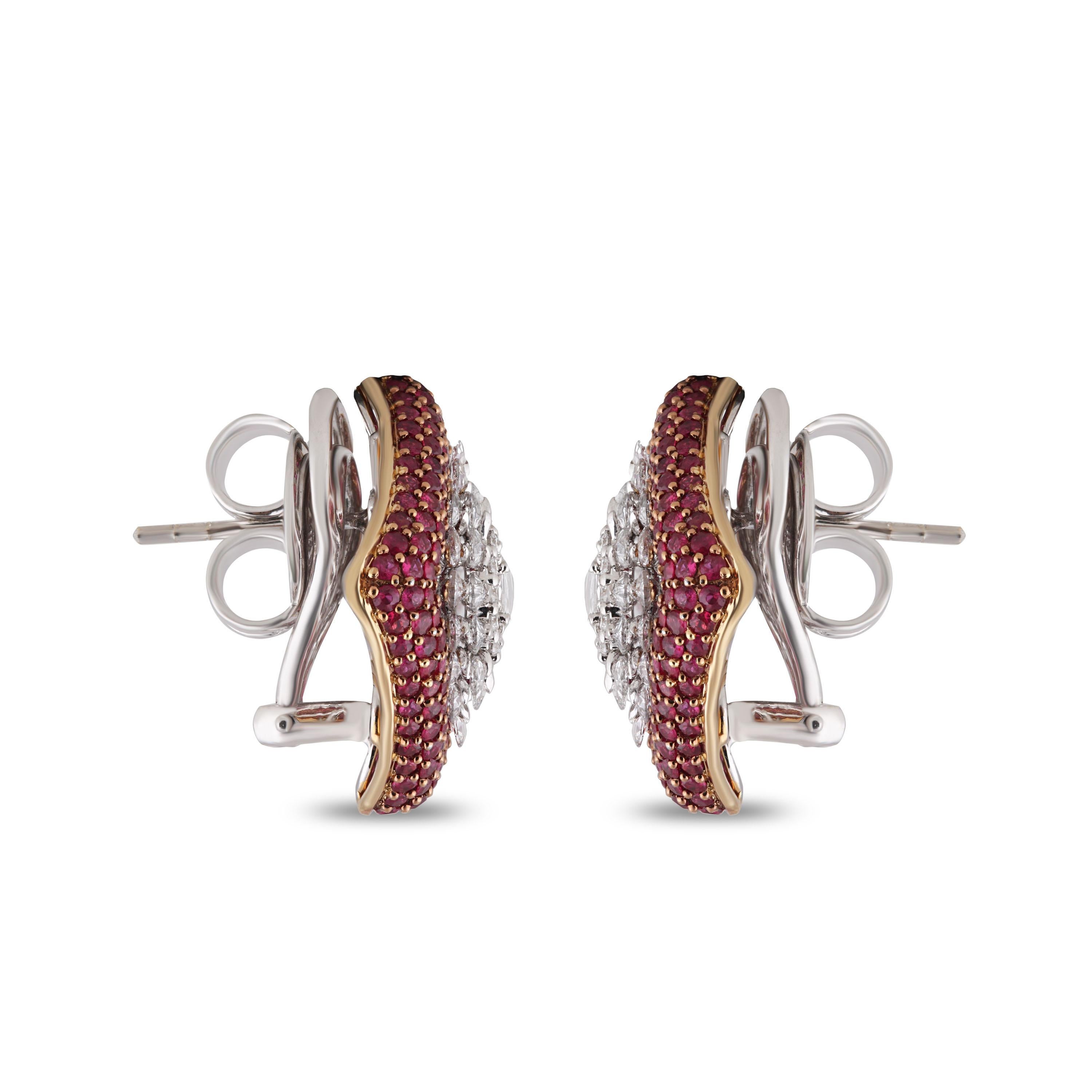 Studio Rêves Diamond Snowflake Stud Earrings with a Bed of Rubies in 18K Gold For Sale 1