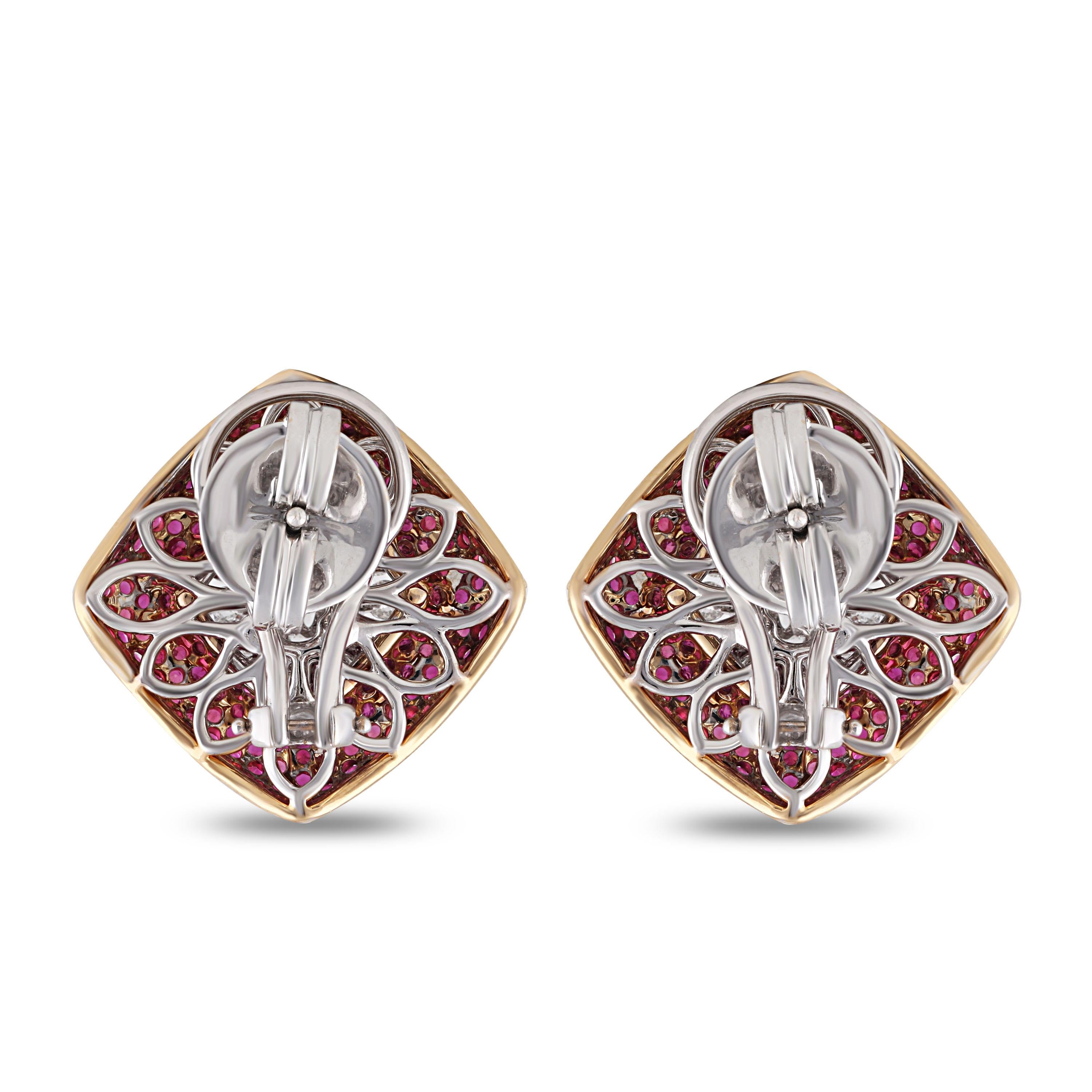 Studio Rêves Diamond Snowflake Stud Earrings with a Bed of Rubies in 18K Gold For Sale 2