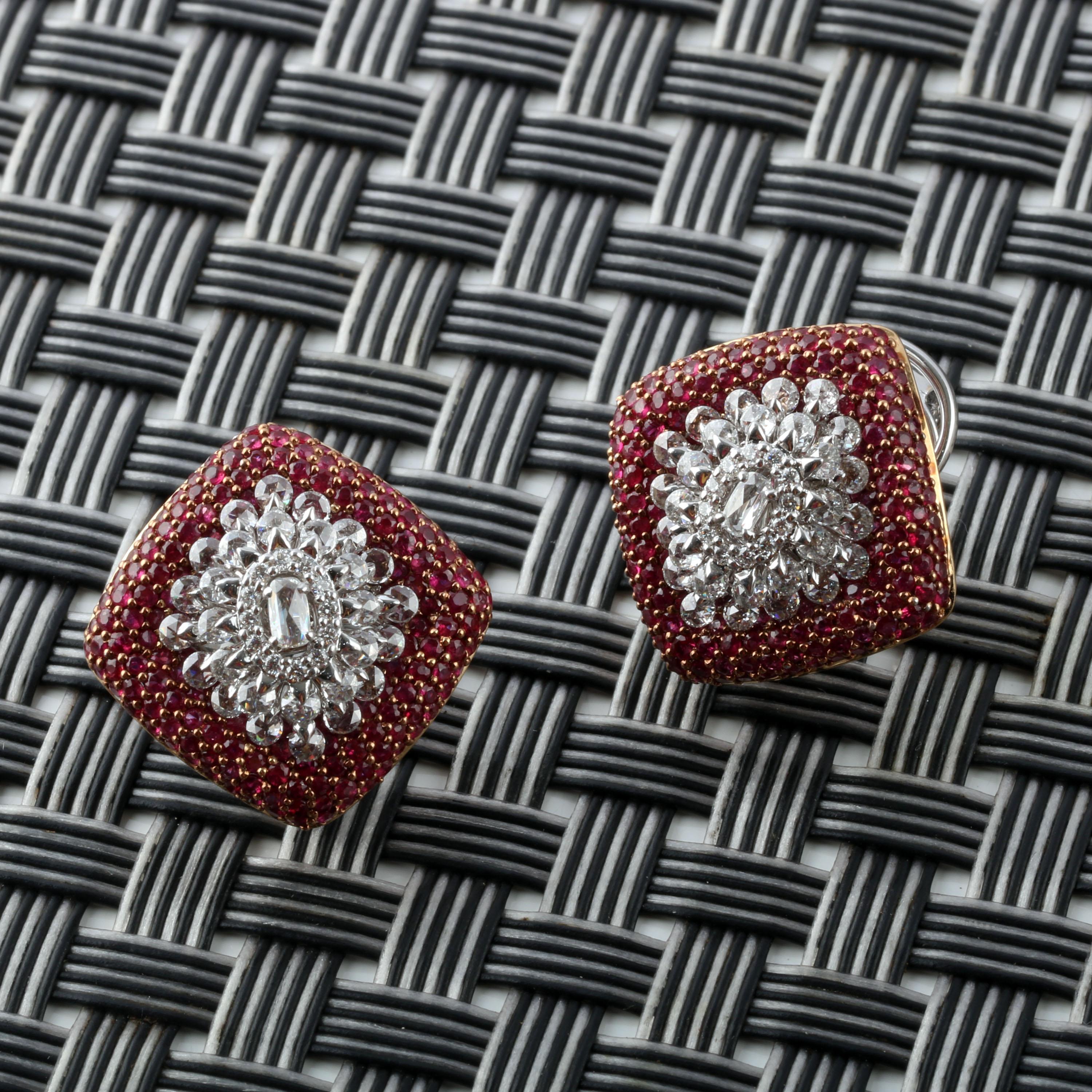 Studio Rêves Diamond Snowflake Stud Earrings with a Bed of Rubies in 18K Gold For Sale 3