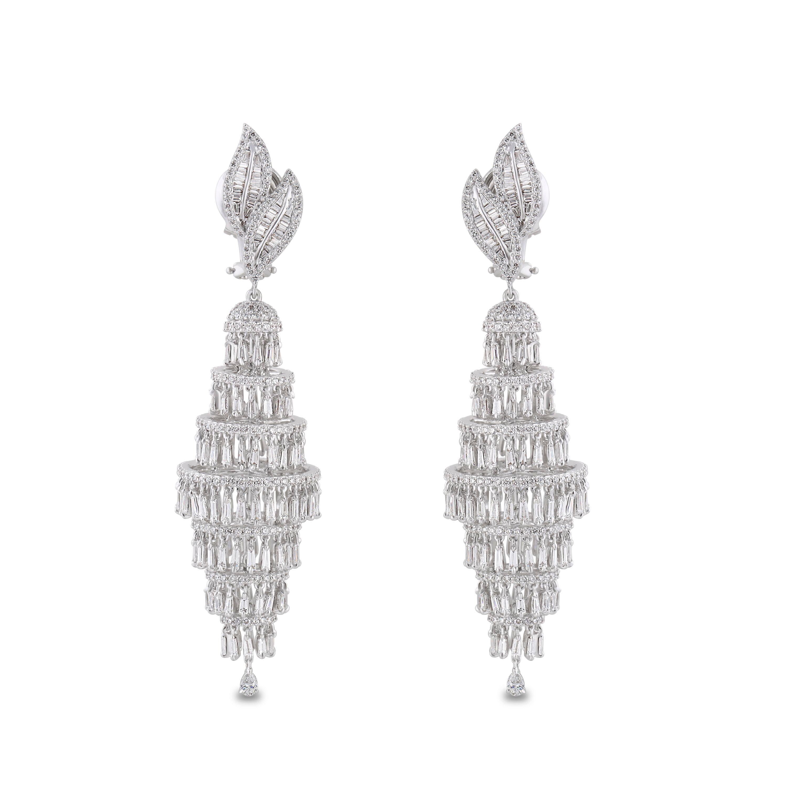 Baguette Cut Studio Rêves Diamond Studded Chandelier Earrings in 18 Karat White Gold For Sale