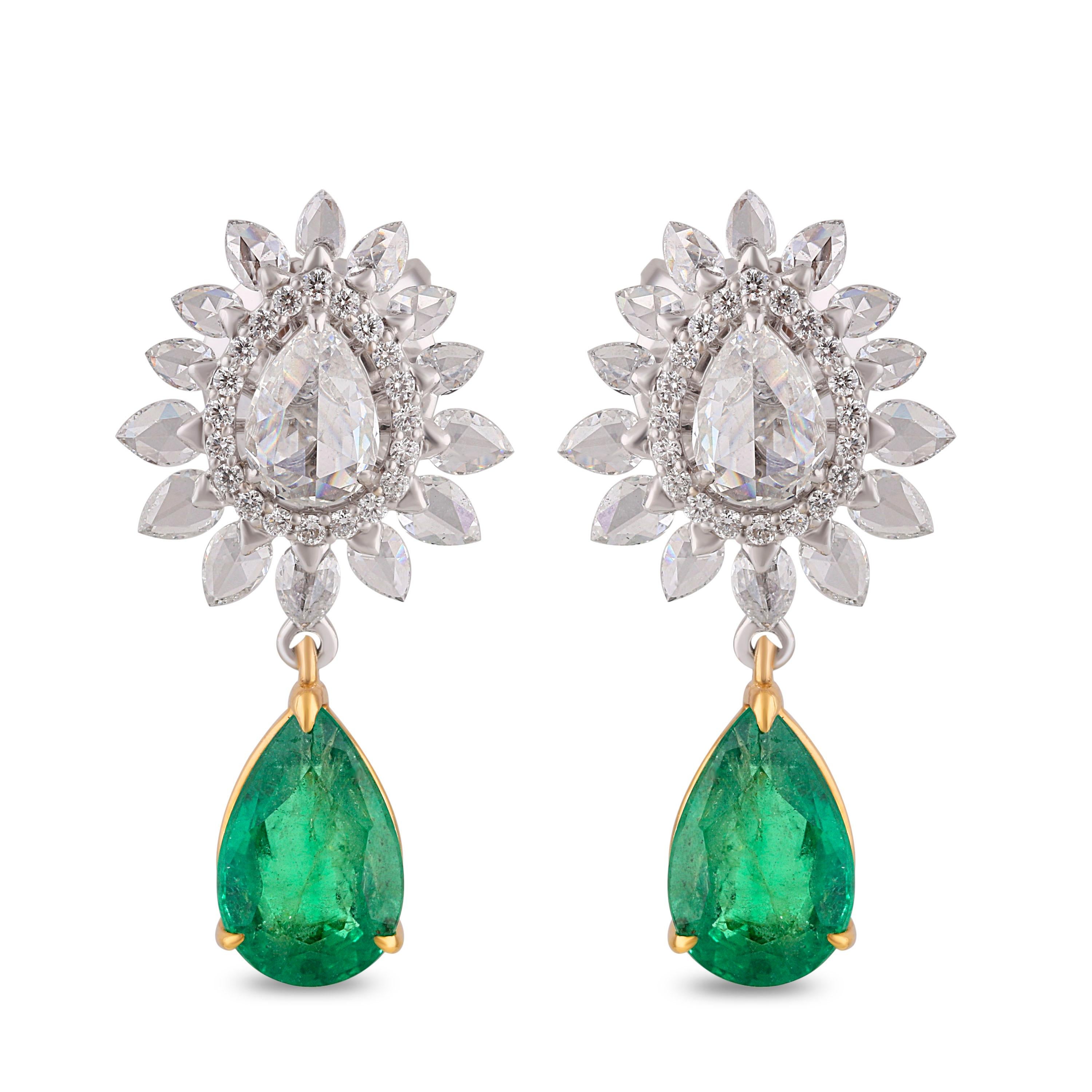 Pear Cut Studio Rêves Diamond Studded Emerald Earrings in 18 Karat Gold For Sale