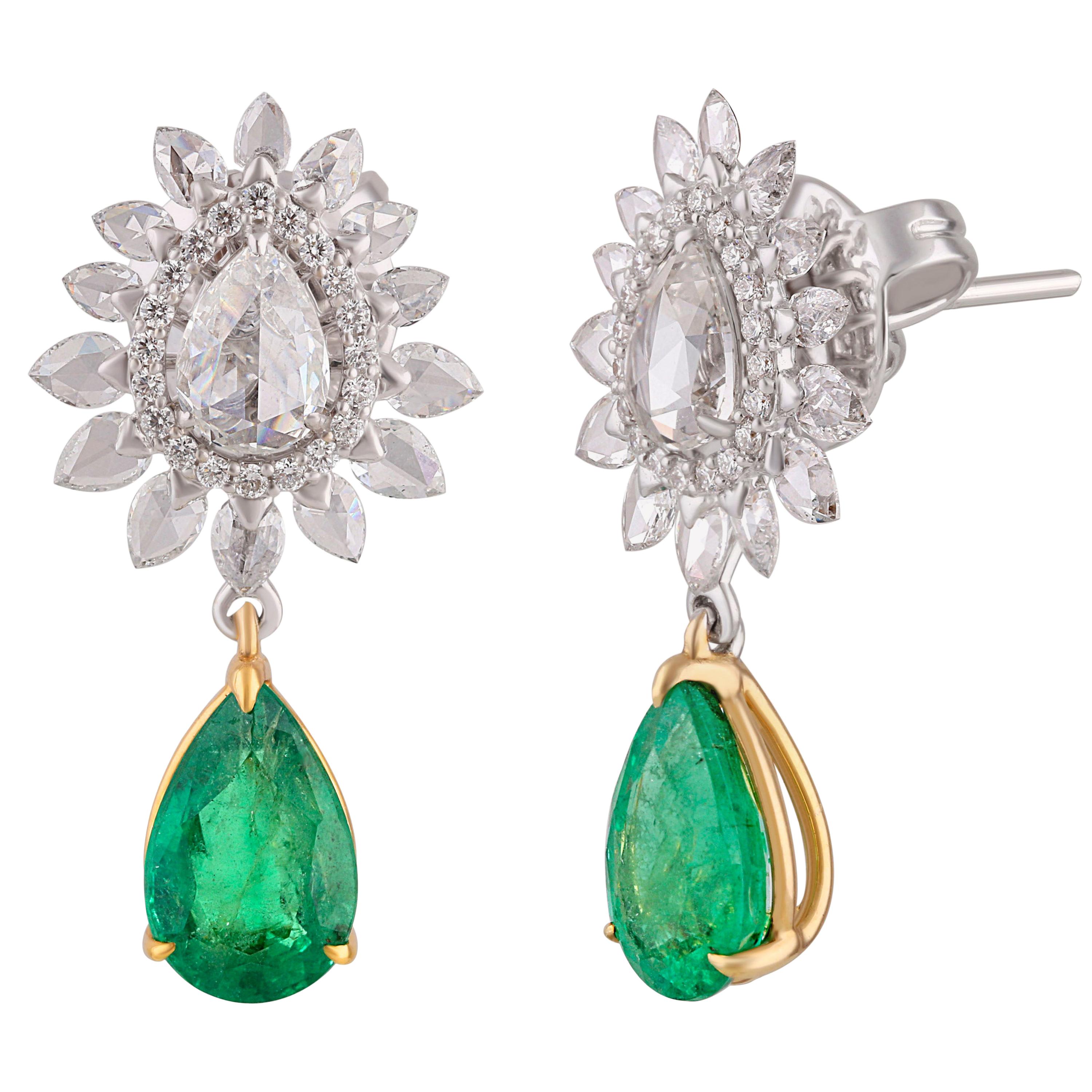 Studio Rêves Diamond Studded Emerald Earrings in 18 Karat Gold For Sale