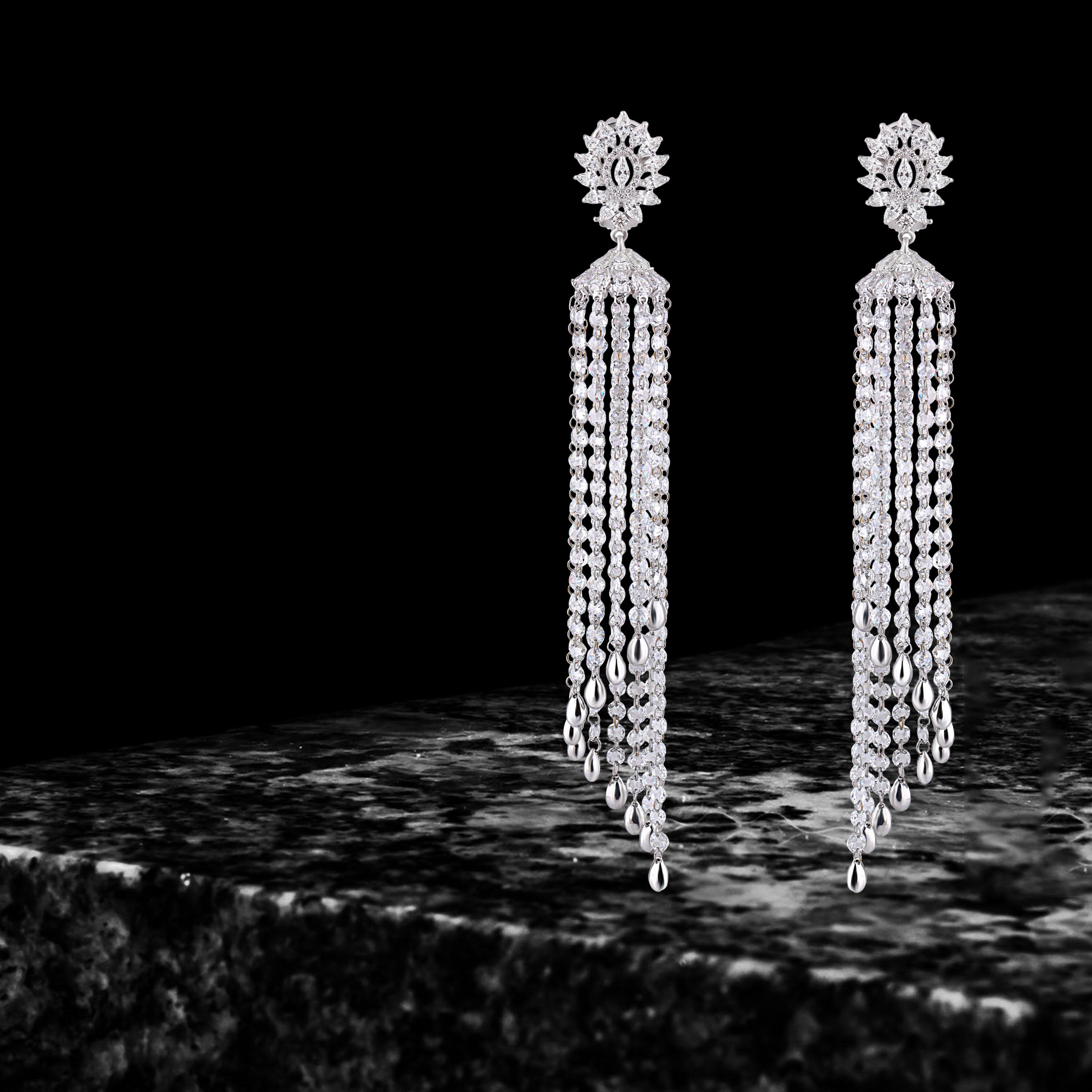 Rose Cut Studio Rêves Diamond Waterfall Dangling Earrings in 18 Karat White Gold For Sale