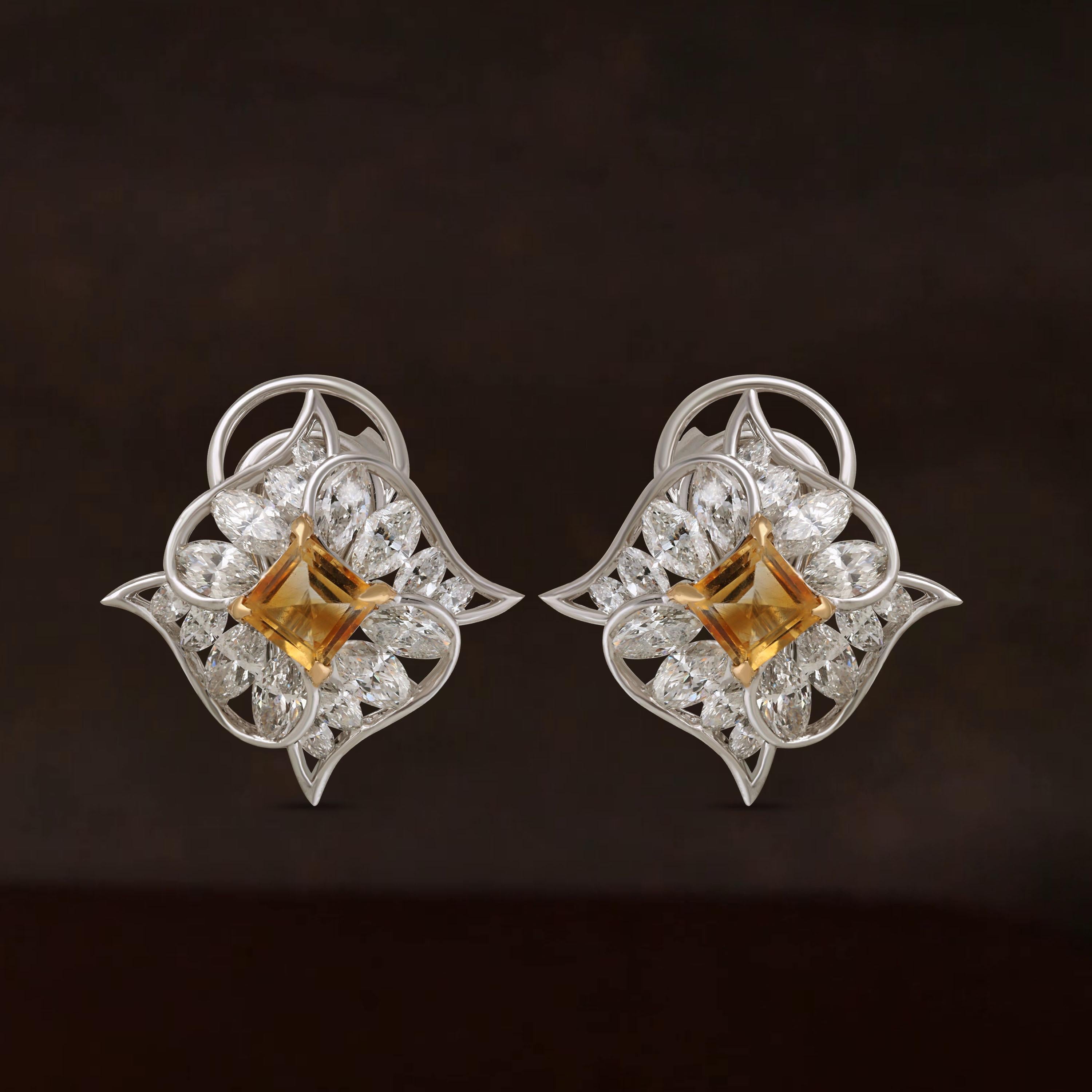 Studio Rêves Diamond with Citrine Stud Earrings in 18 Karat Gold For Sale 2