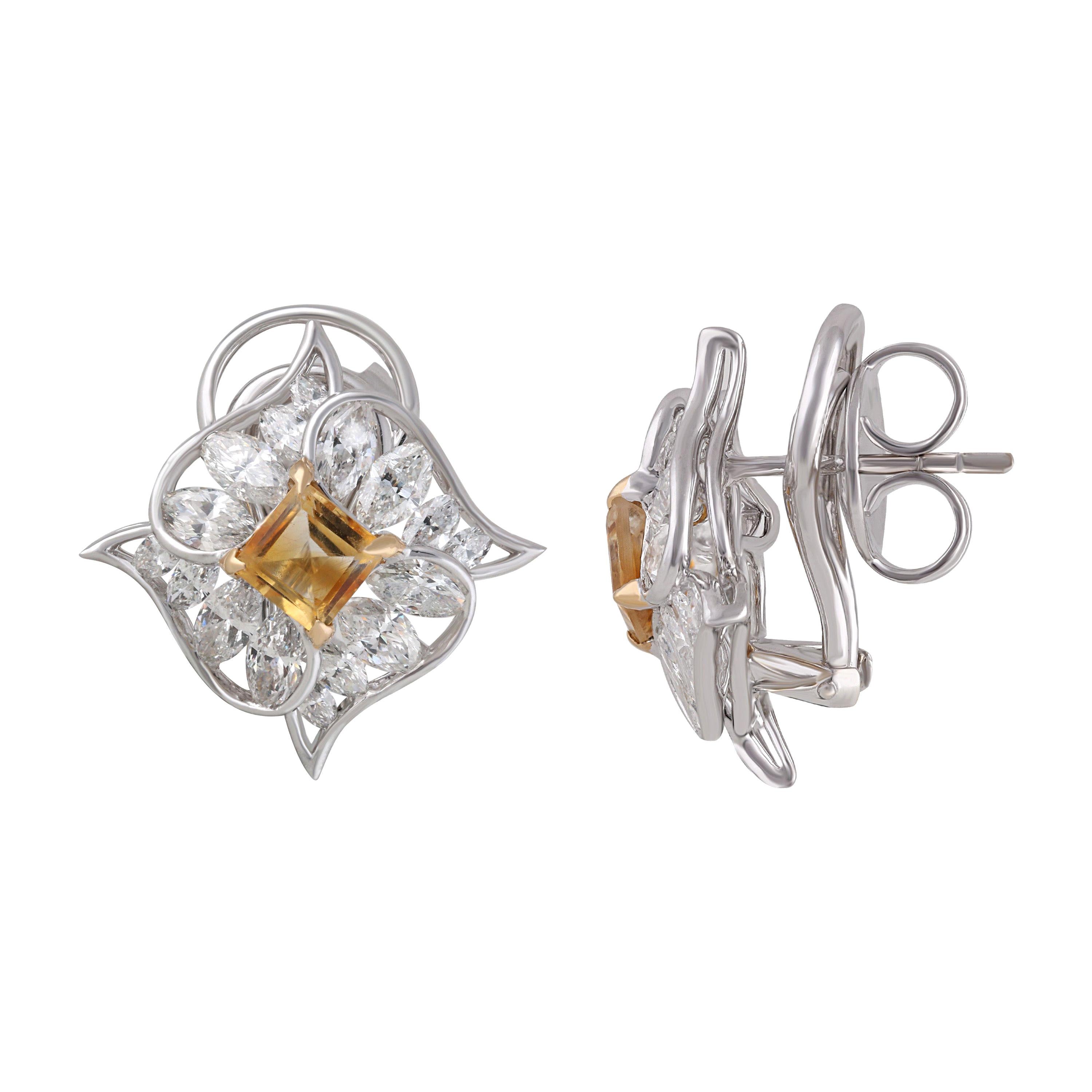 Studio Rêves Diamond with Citrine Stud Earrings in 18 Karat Gold For Sale
