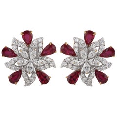 Studio Rêves Diamond with Ruby Floral Stud Earrings in 18 Karat Gold