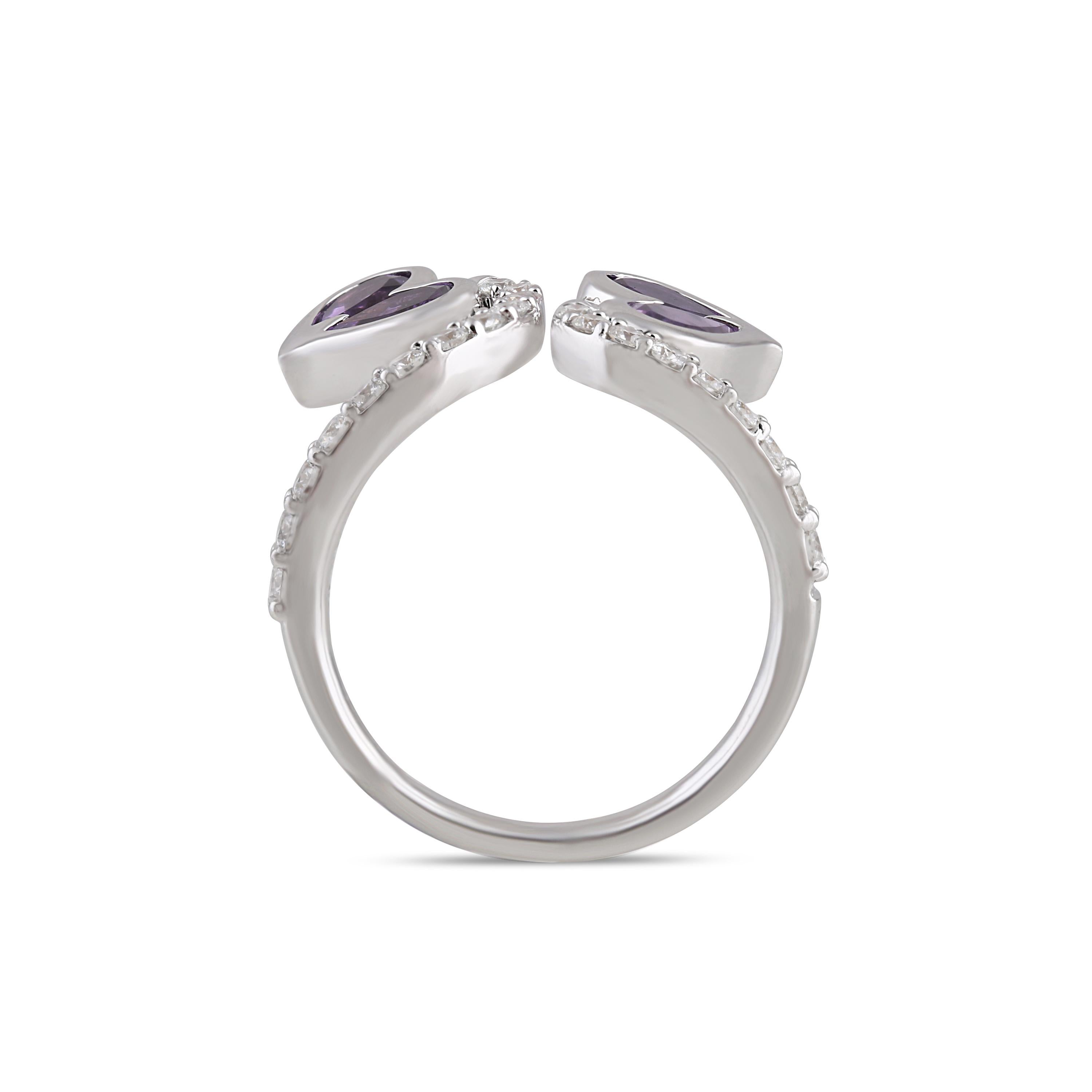 Women's Studio Rêves Diamonds and Amethysts Two Hearts Open Band Ring in 18 Karat Gold For Sale