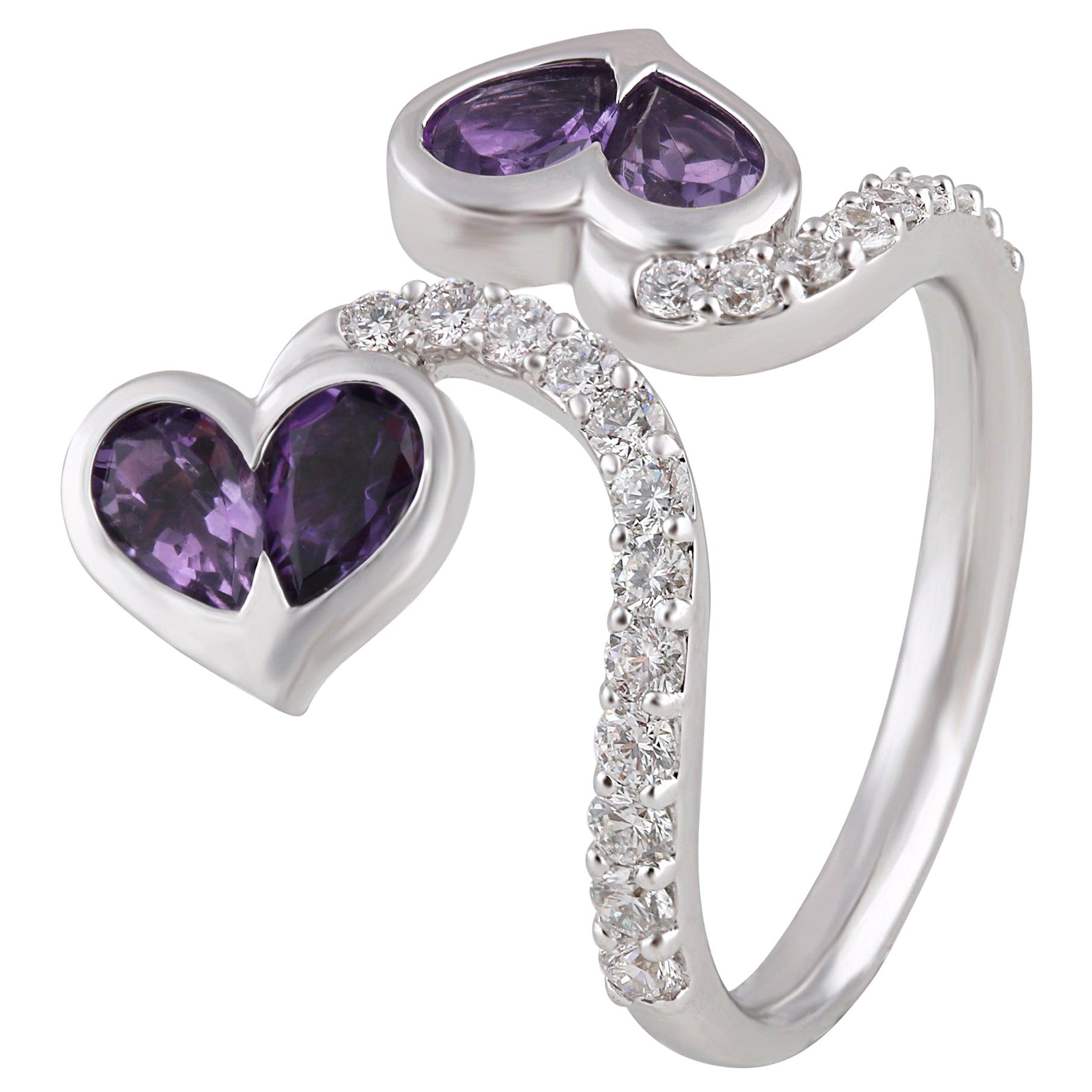 Studio Rêves Diamonds and Amethysts Two Hearts Open Band Ring in 18 Karat Gold For Sale